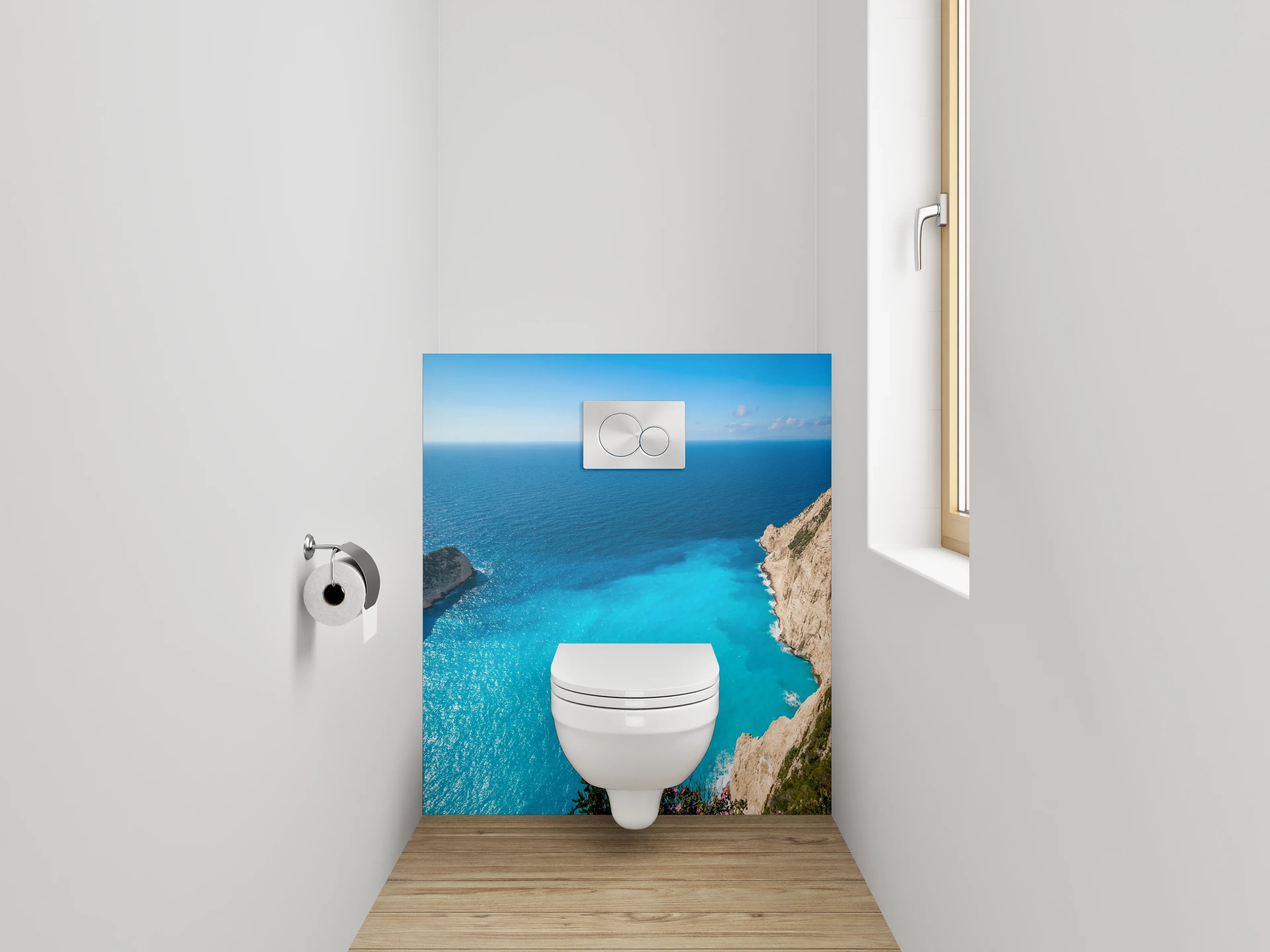 WC-Rückwand - Türkisblaues Meer und Felsküste