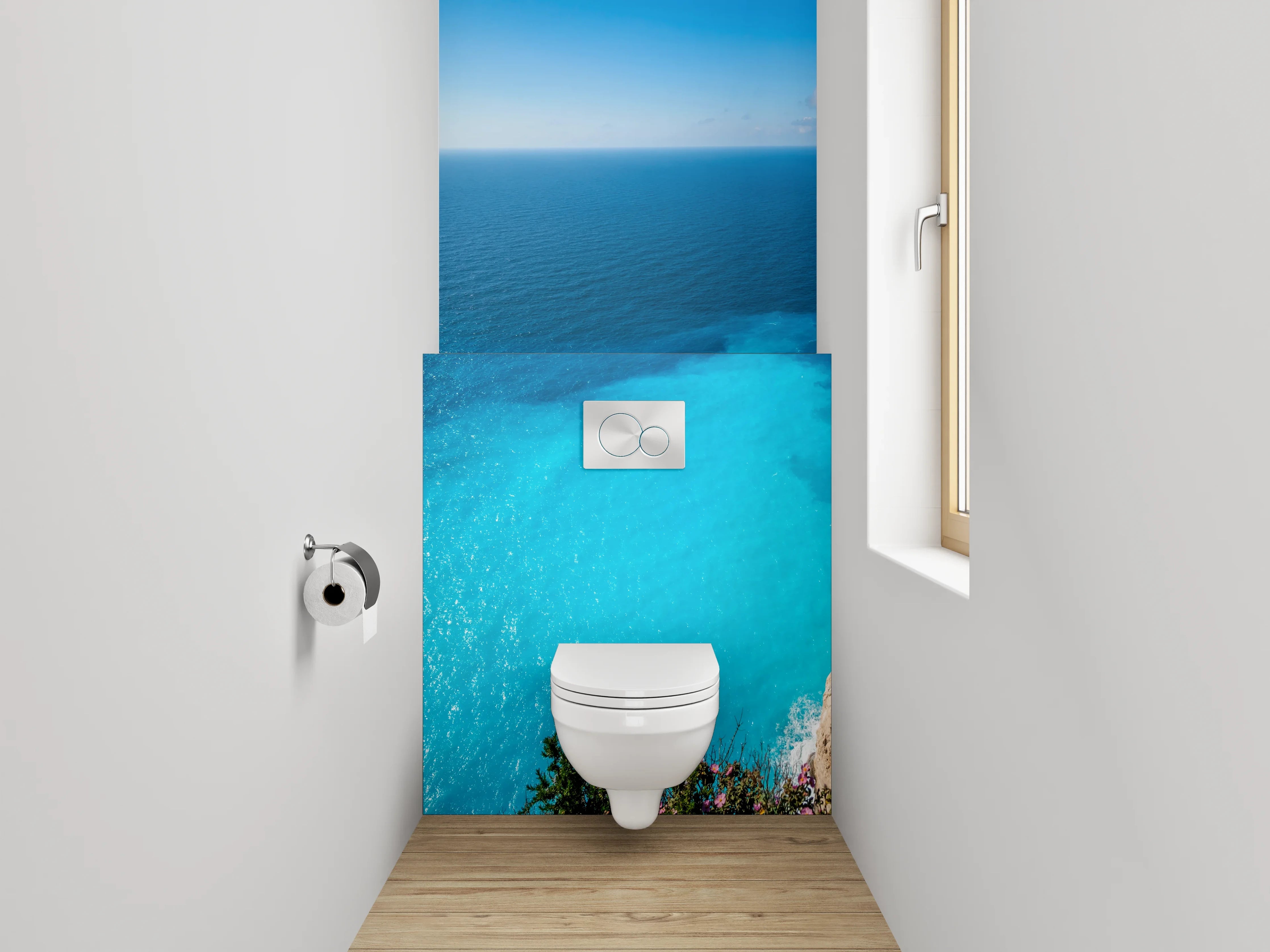 WC-Rückwand - Türkisblaues Meer und Felsküste