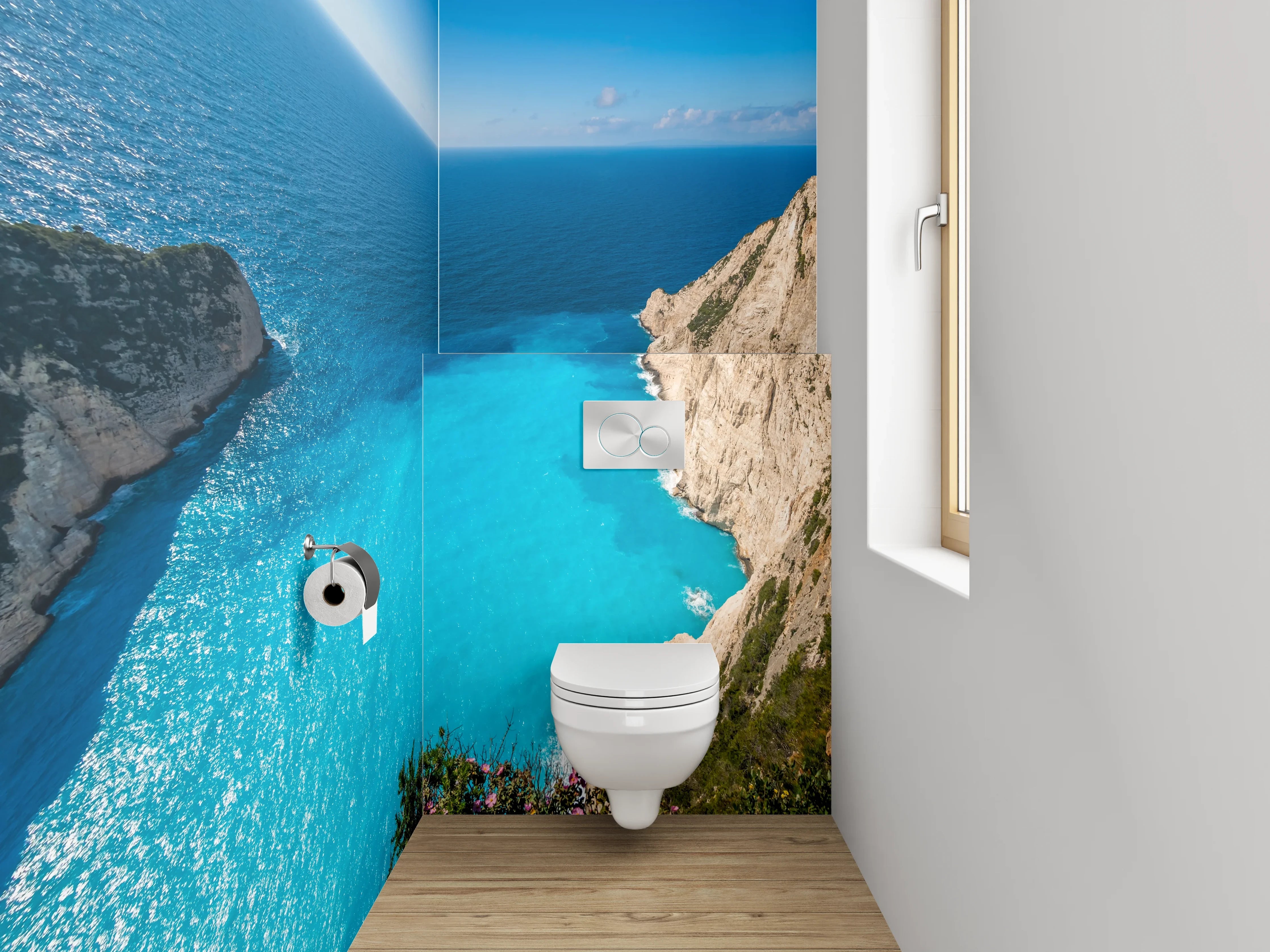 WC-Rückwand - Türkisblaues Meer und Felsküste