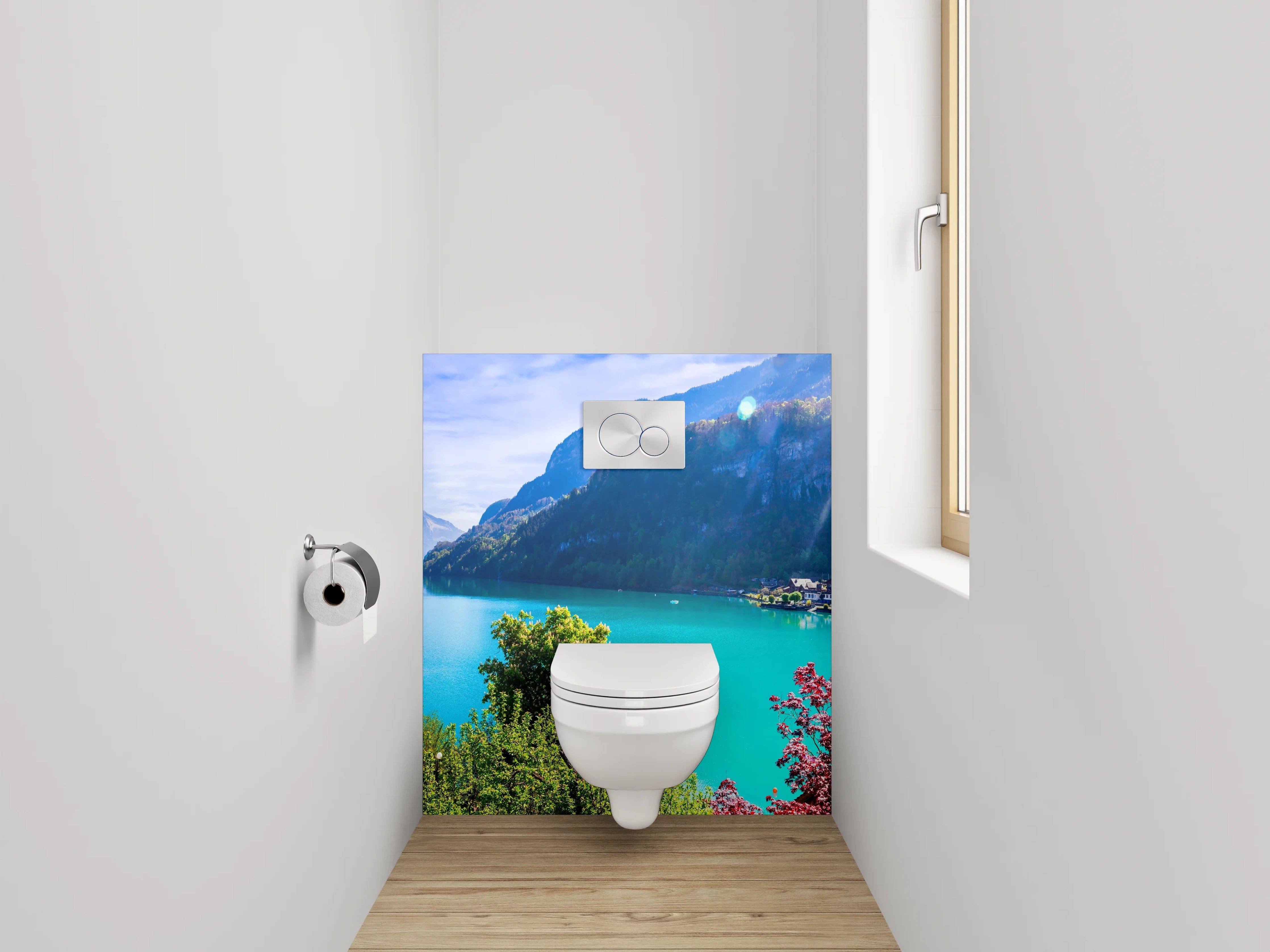 WC-Rückwand - Türkiser Bergsee mit Villa