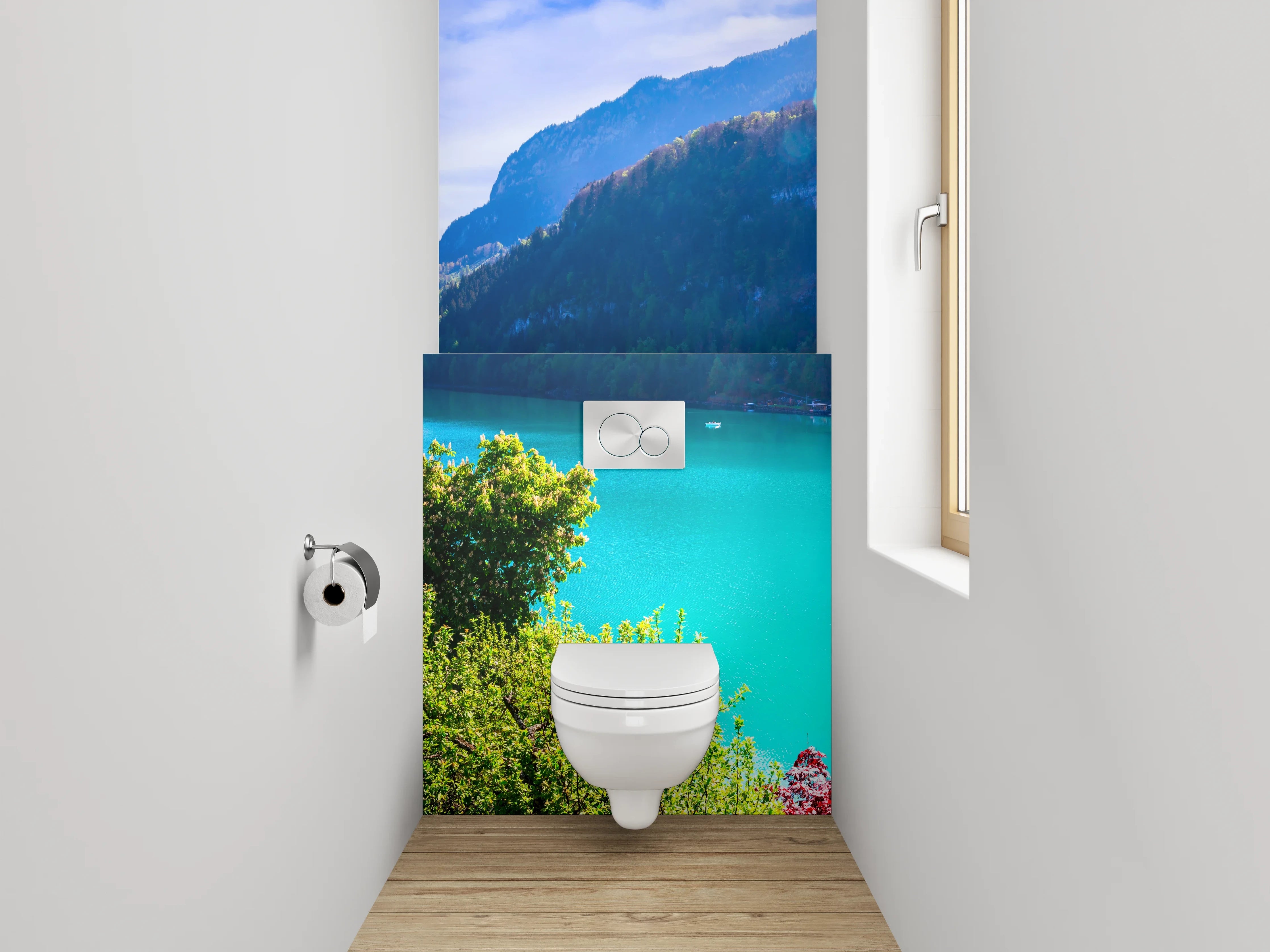 WC-Rückwand - Türkiser Bergsee mit Villa