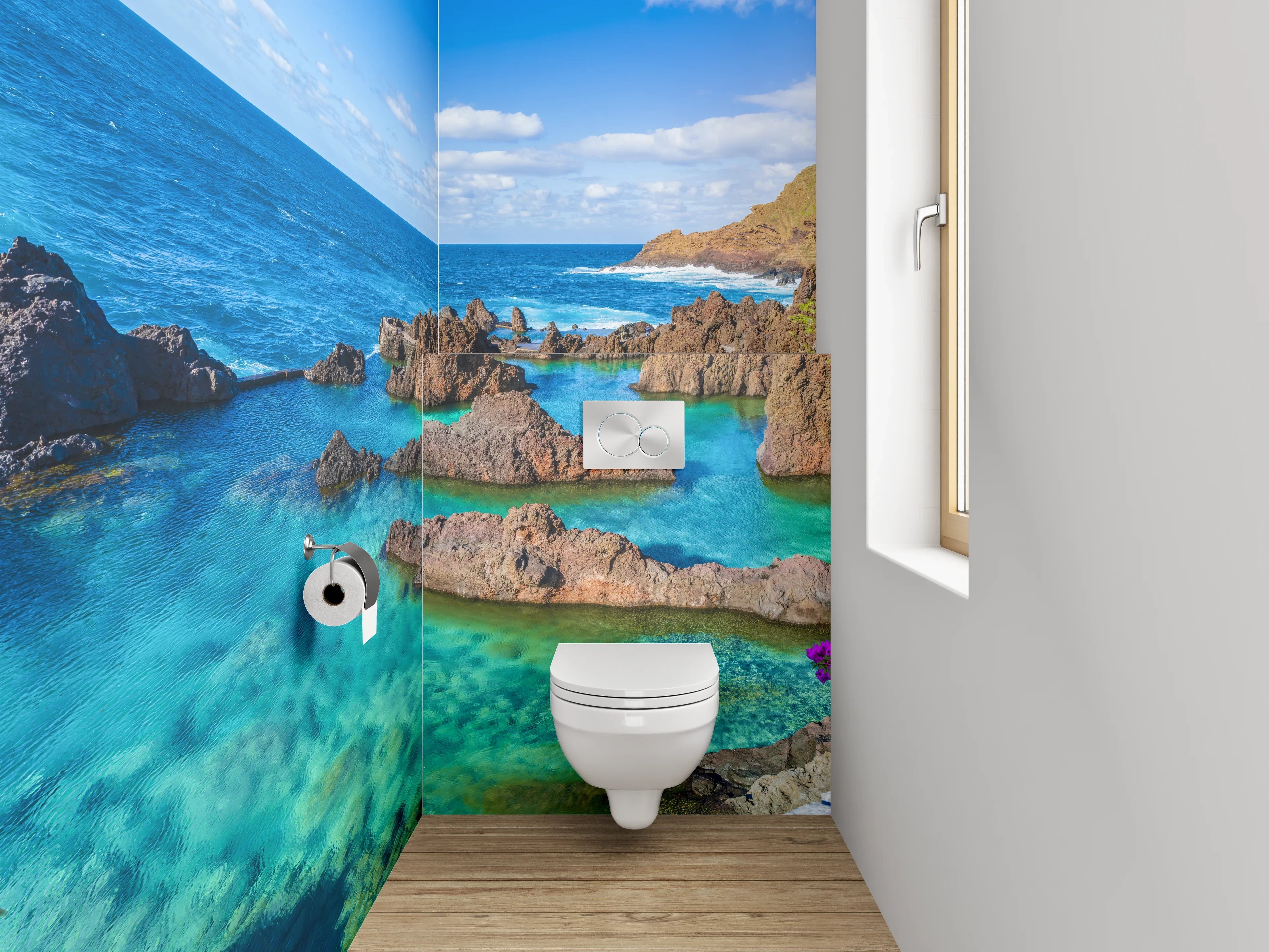 WC-Rückwand - Türkisklares Meer, Blumen & Felsen