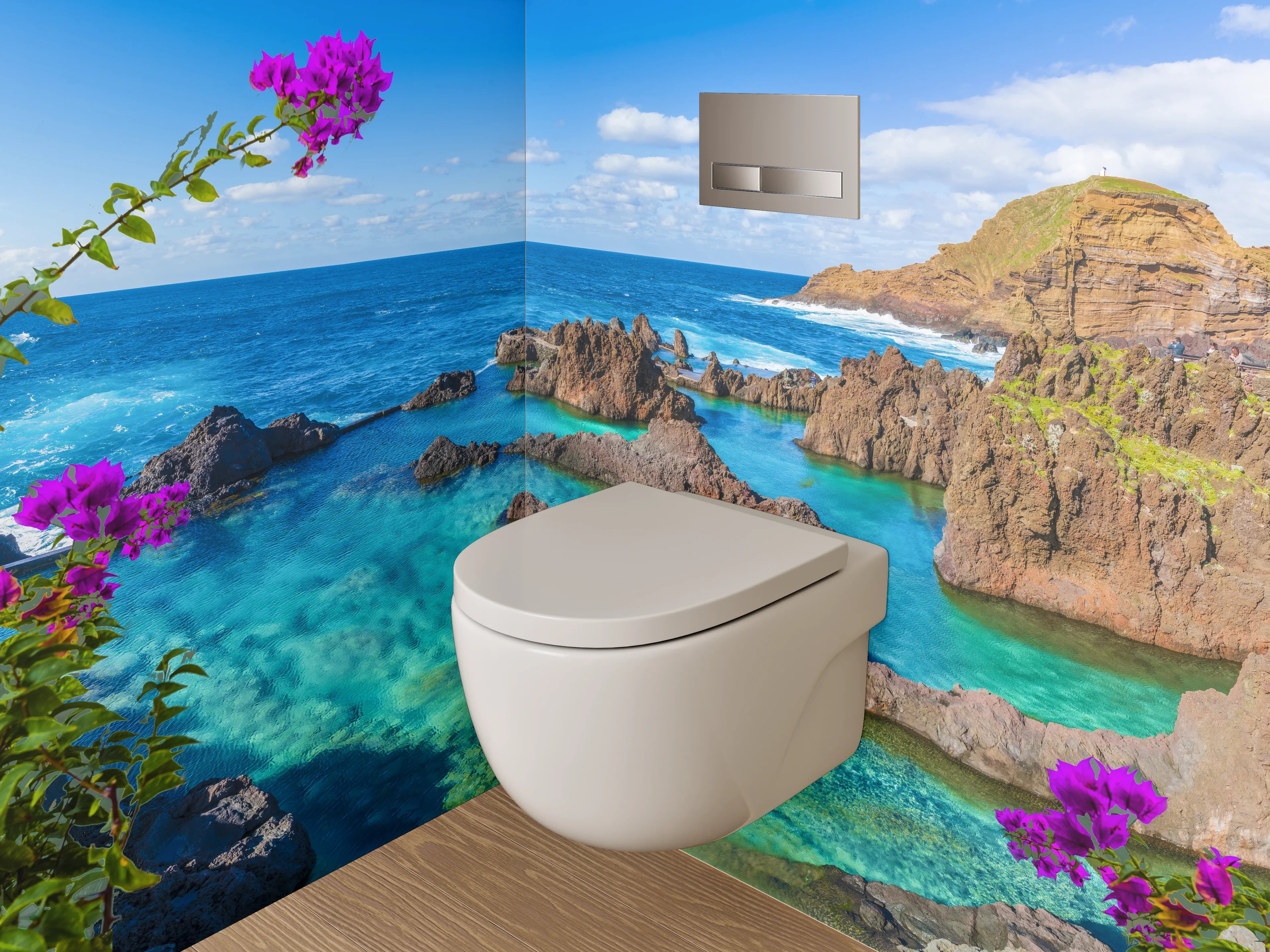 WC-Rückwand - Türkisklares Meer, Blumen & Felsen