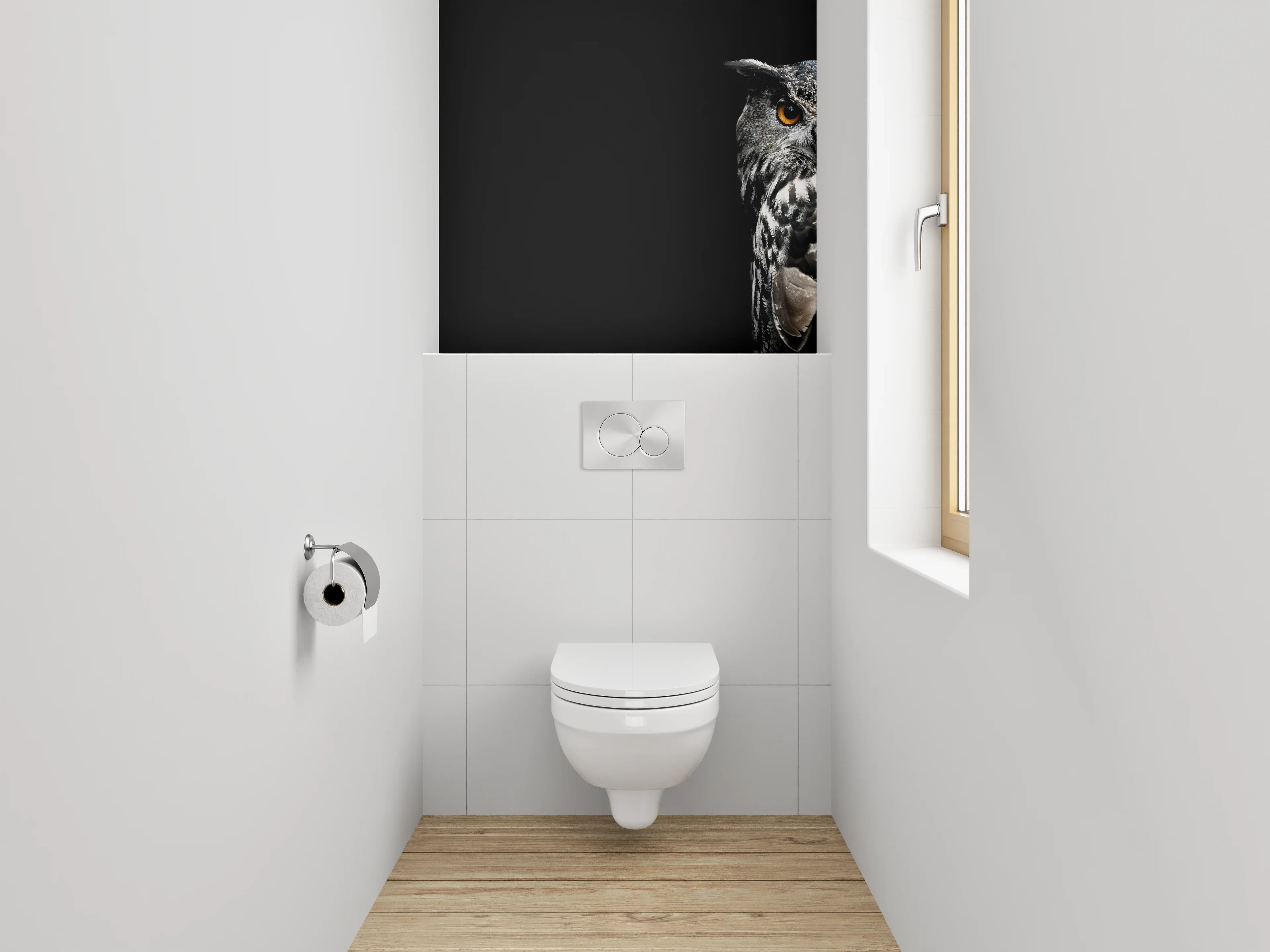 WC-Rückwand - Uhu Porträt auf schwarzem Hintergrund