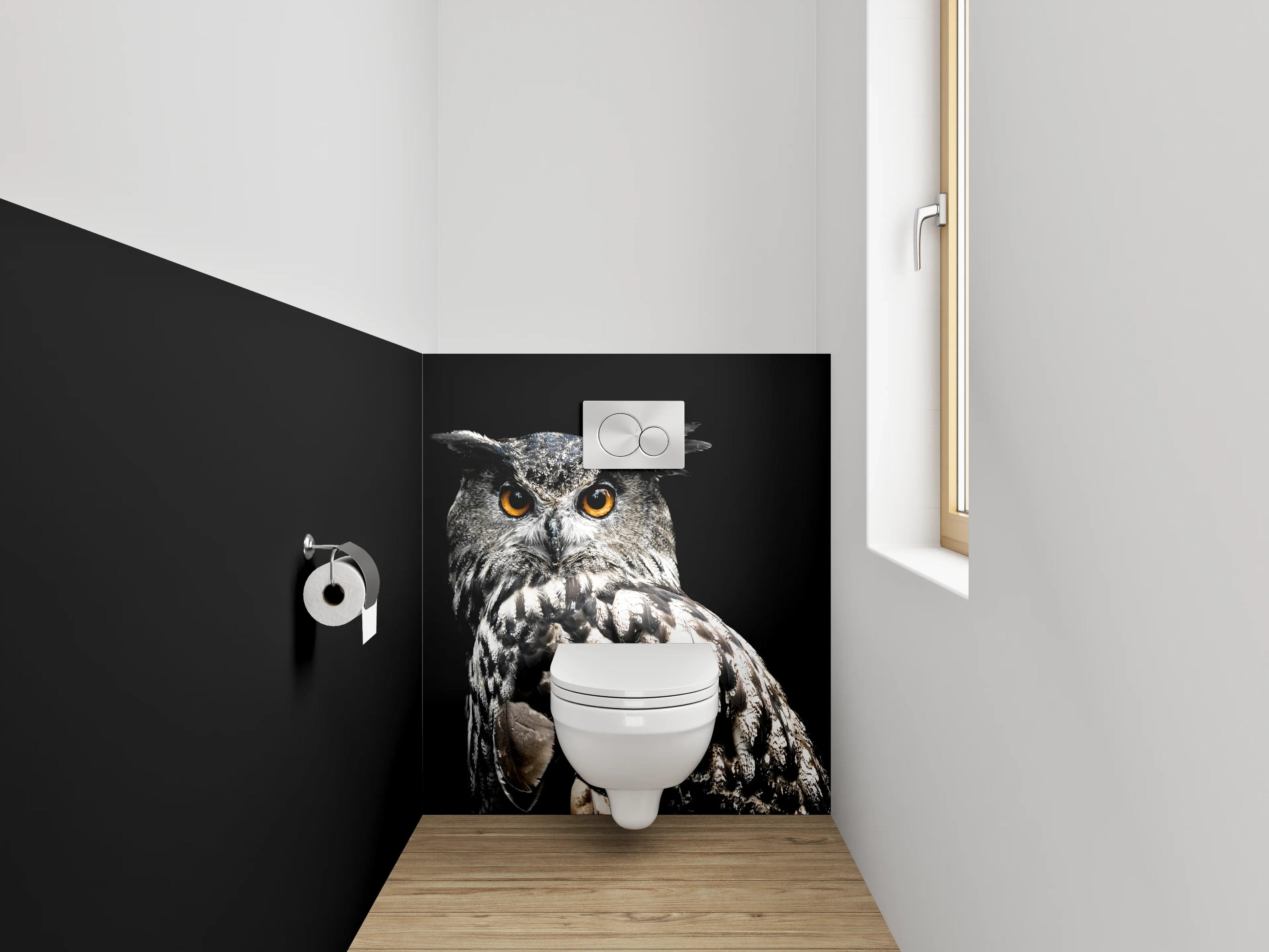 WC-Rückwand - Uhu Porträt auf schwarzem Hintergrund