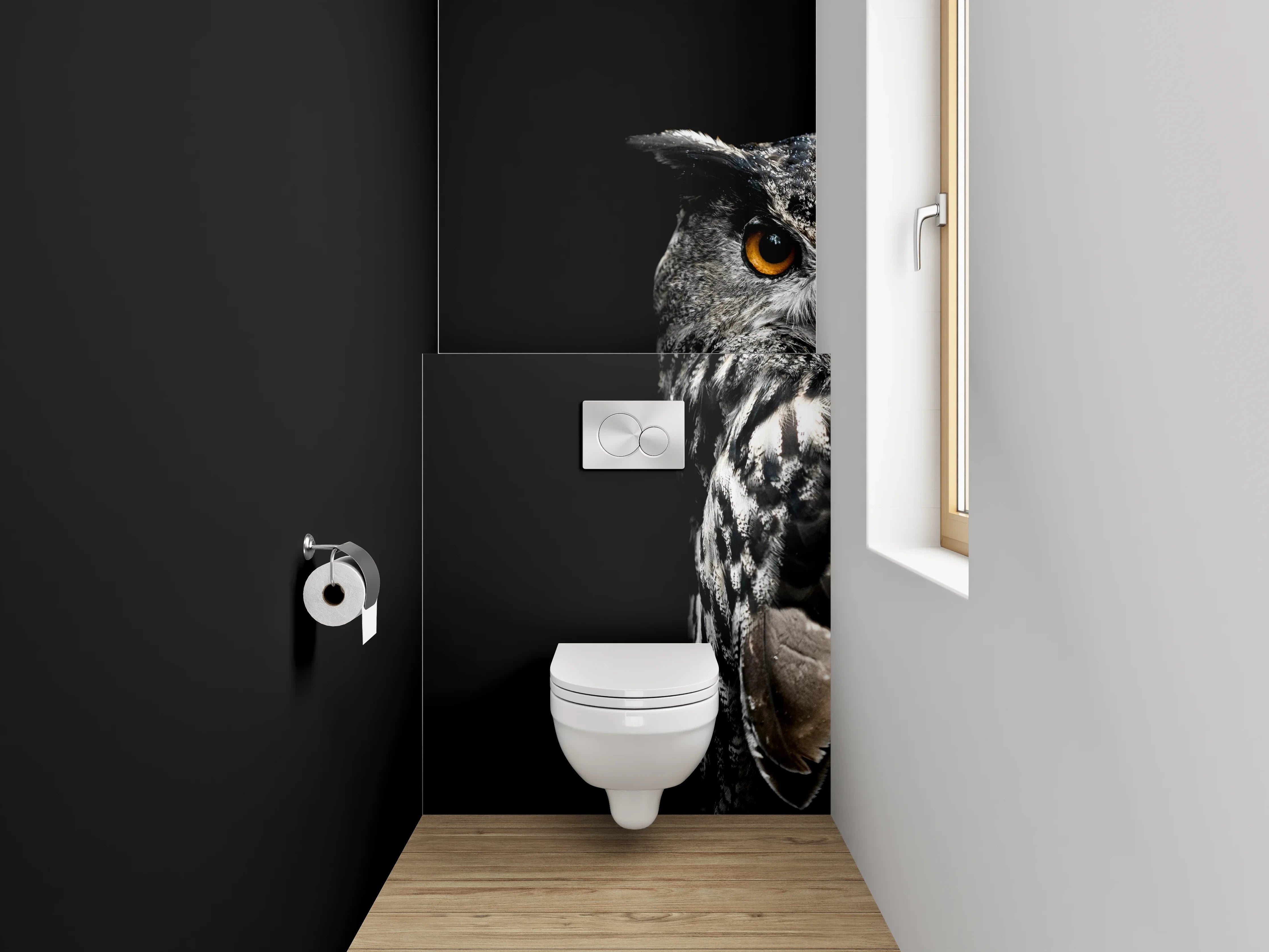 WC-Rückwand - Uhu Porträt auf schwarzem Hintergrund
