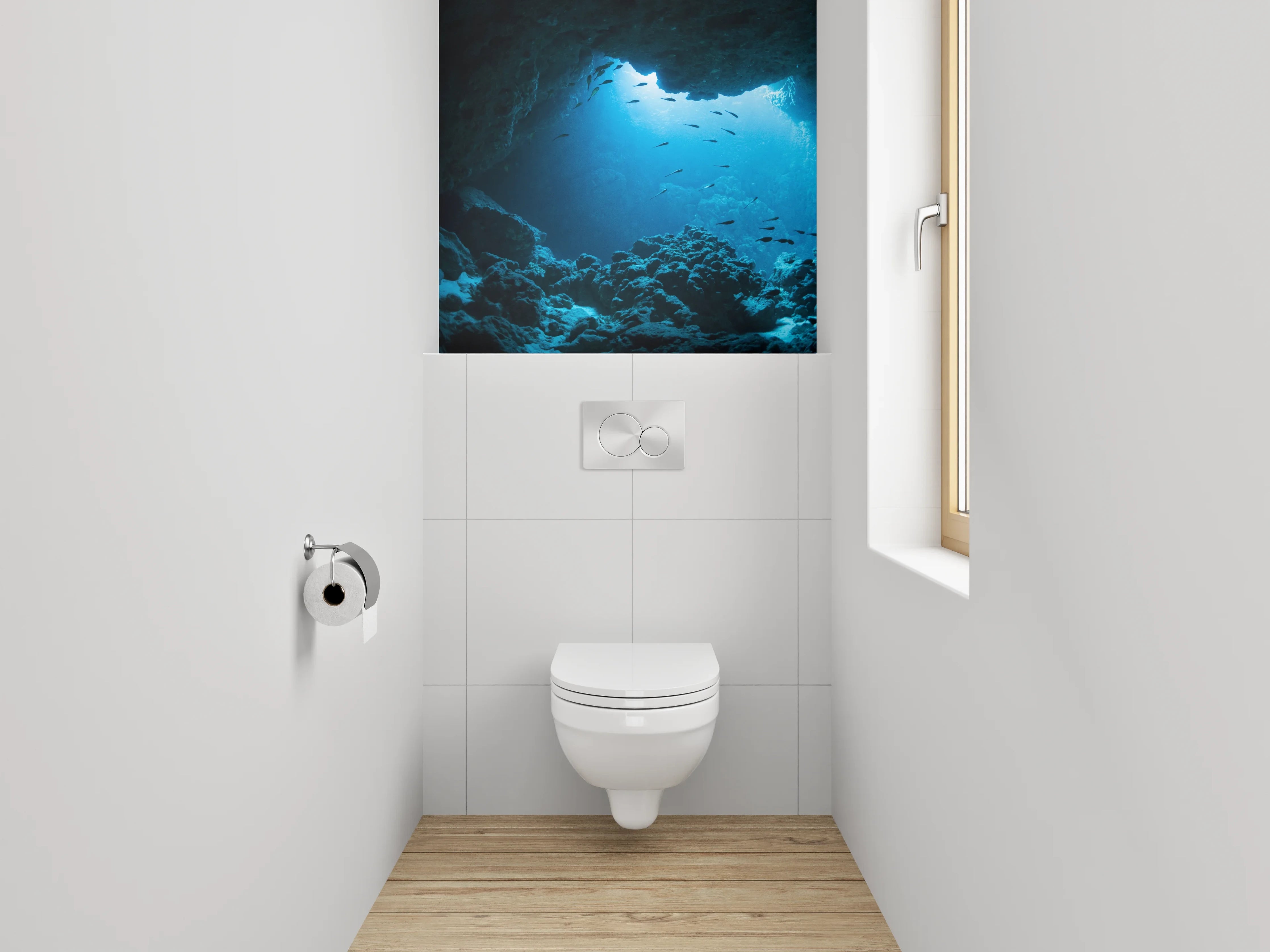 WC-Rückwand - Unterwasserhöhle mit Fischen