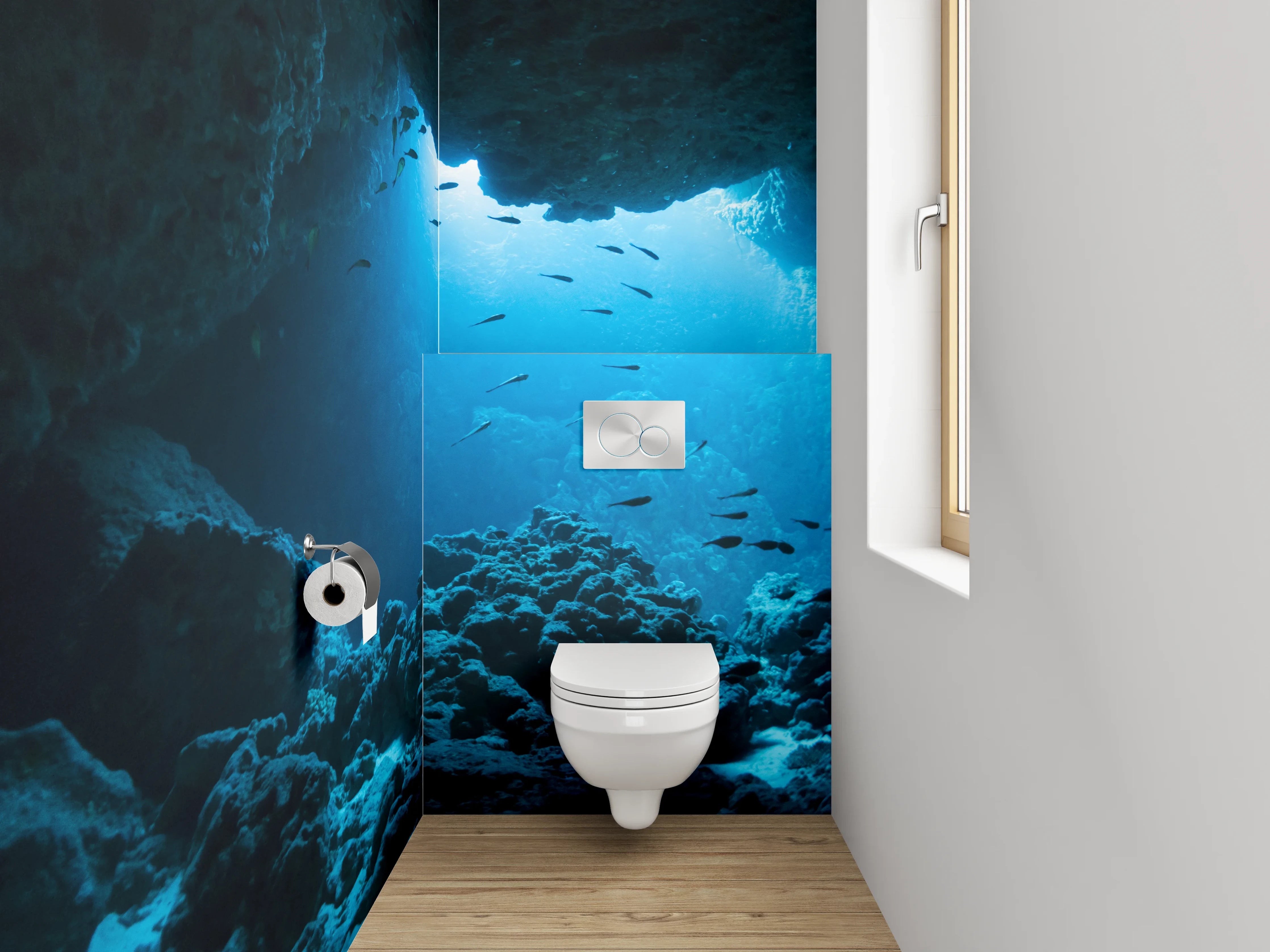 WC-Rückwand - Unterwasserhöhle mit Fischen