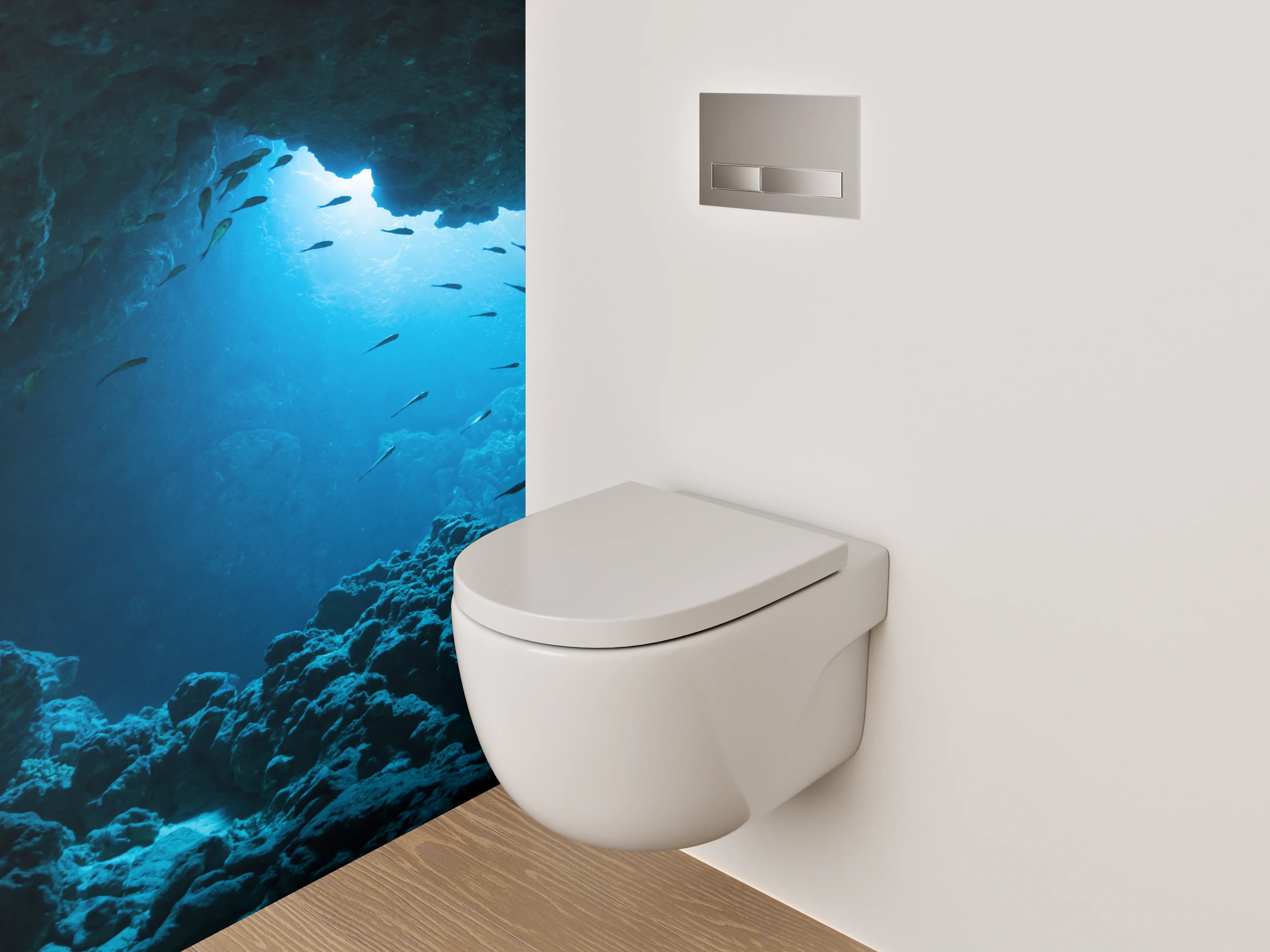 WC-Rückwand - Unterwasserhöhle mit Fischen