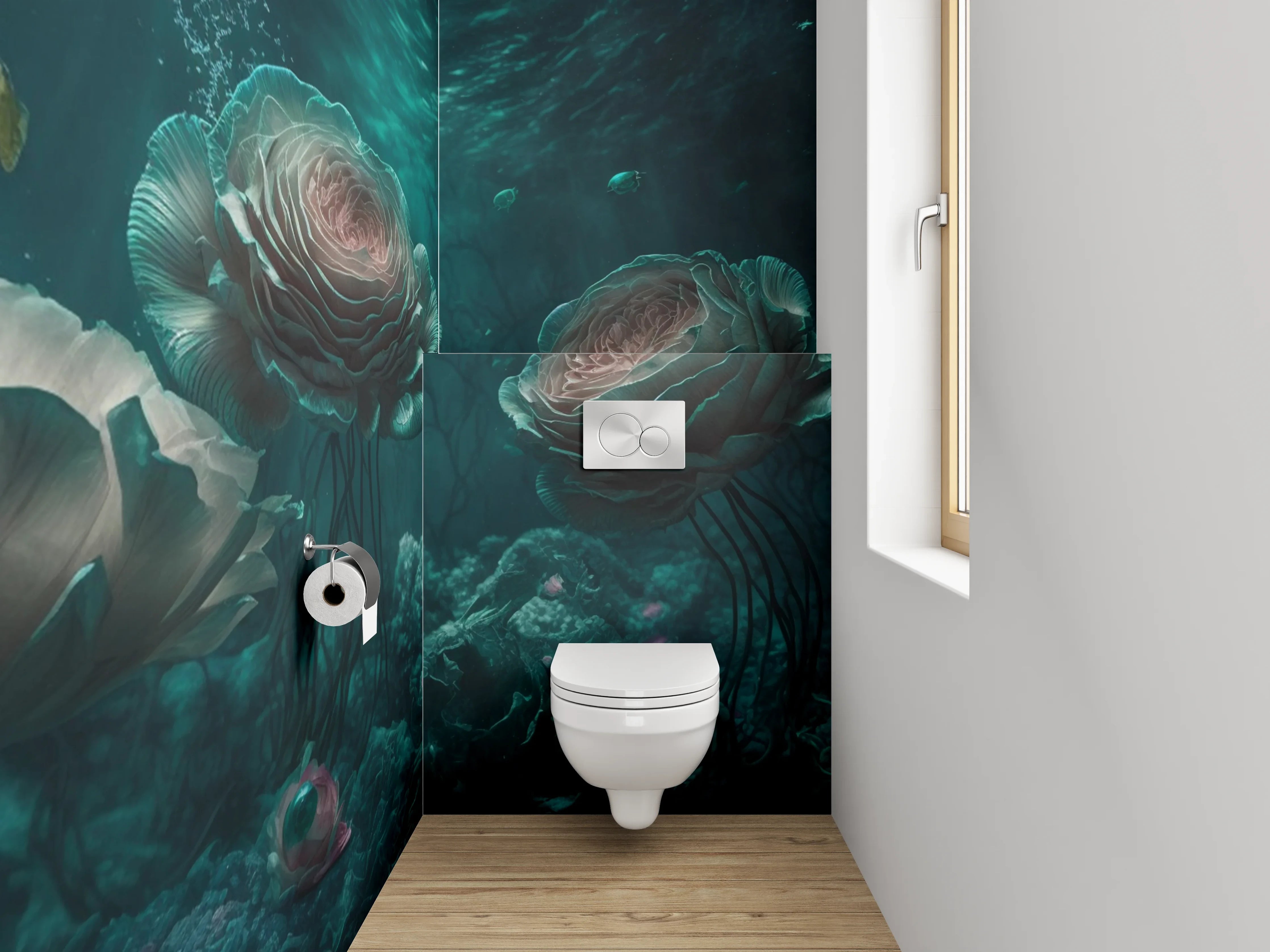 WC-Rückwand - Unterwasserwelt mit Rosenblüten