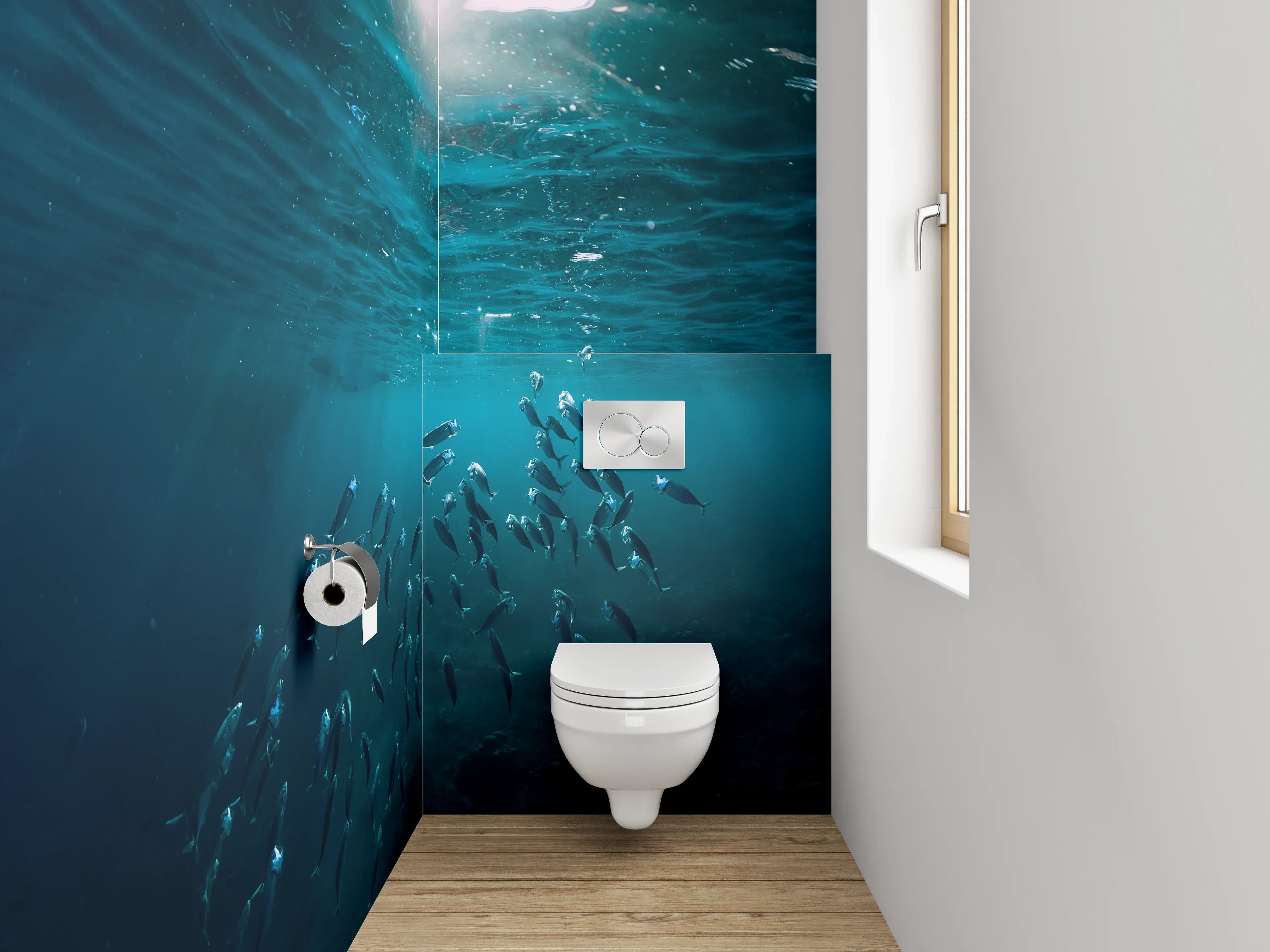 WC-Rückwand - Unterwasserwelt mit Sonnenlicht und Fischen