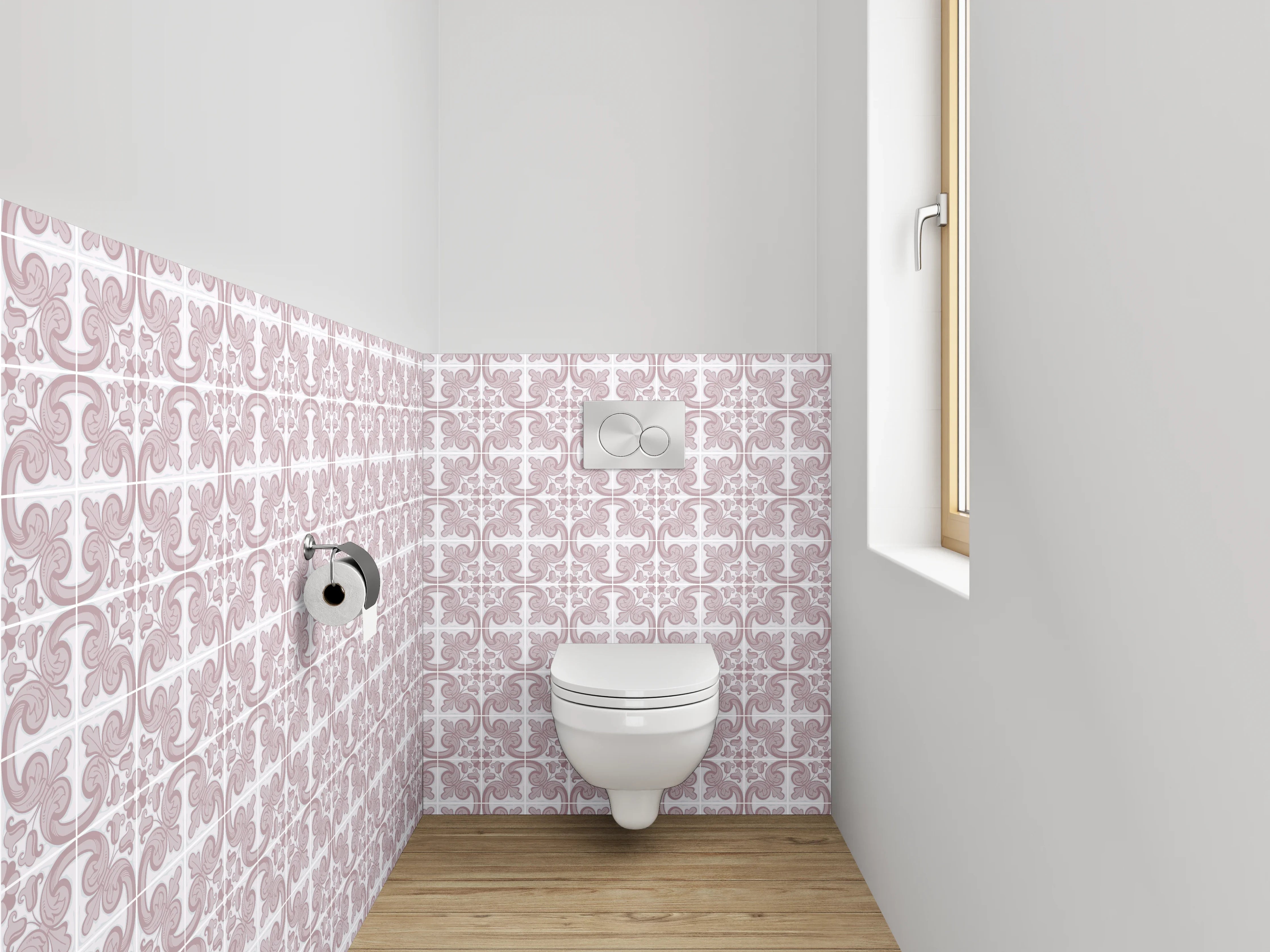 WC-Rückwand - Verspieltes Fliesenmuster in Rosa Weiß