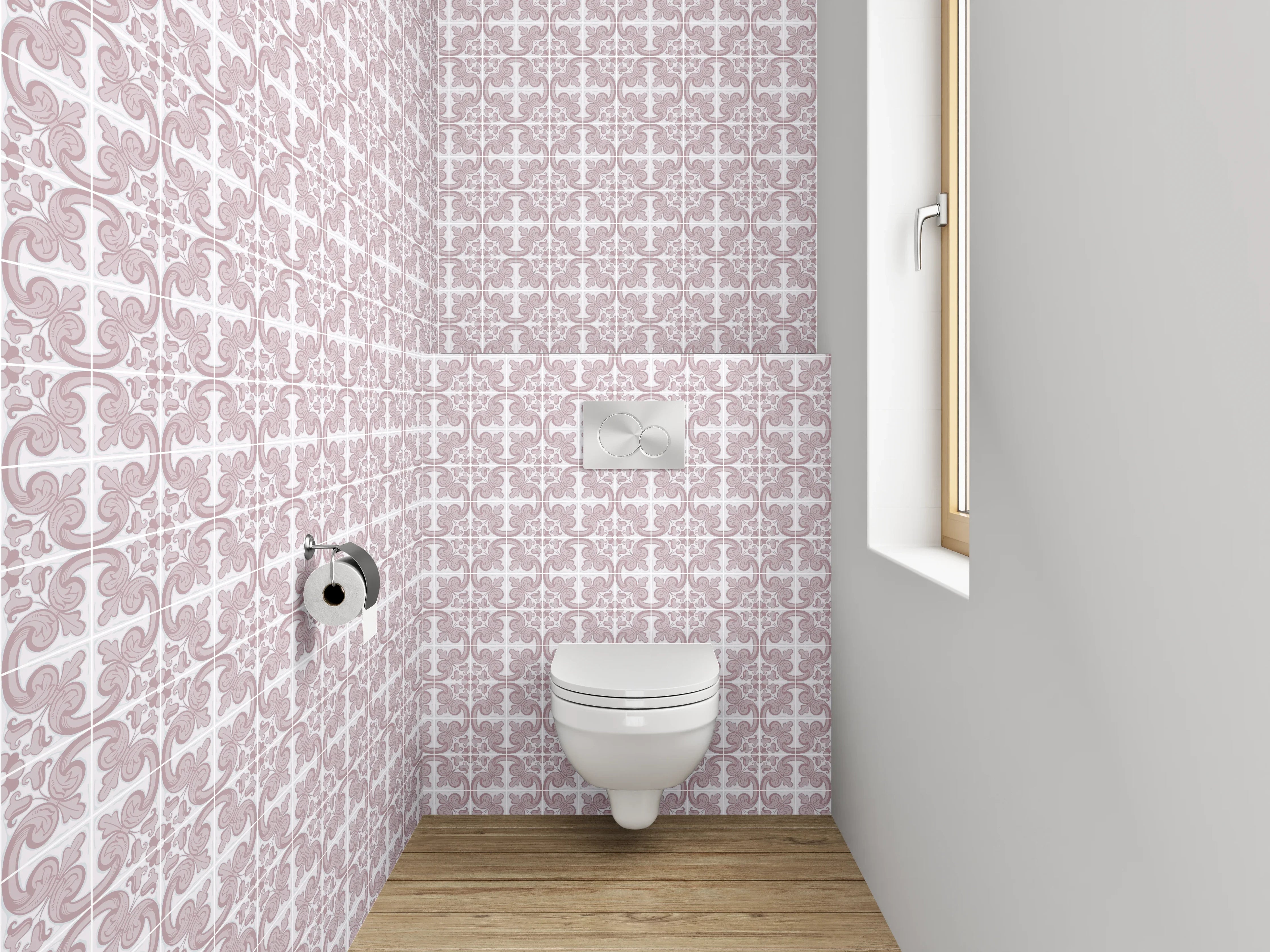 WC-Rückwand - Verspieltes Fliesenmuster in Rosa Weiß