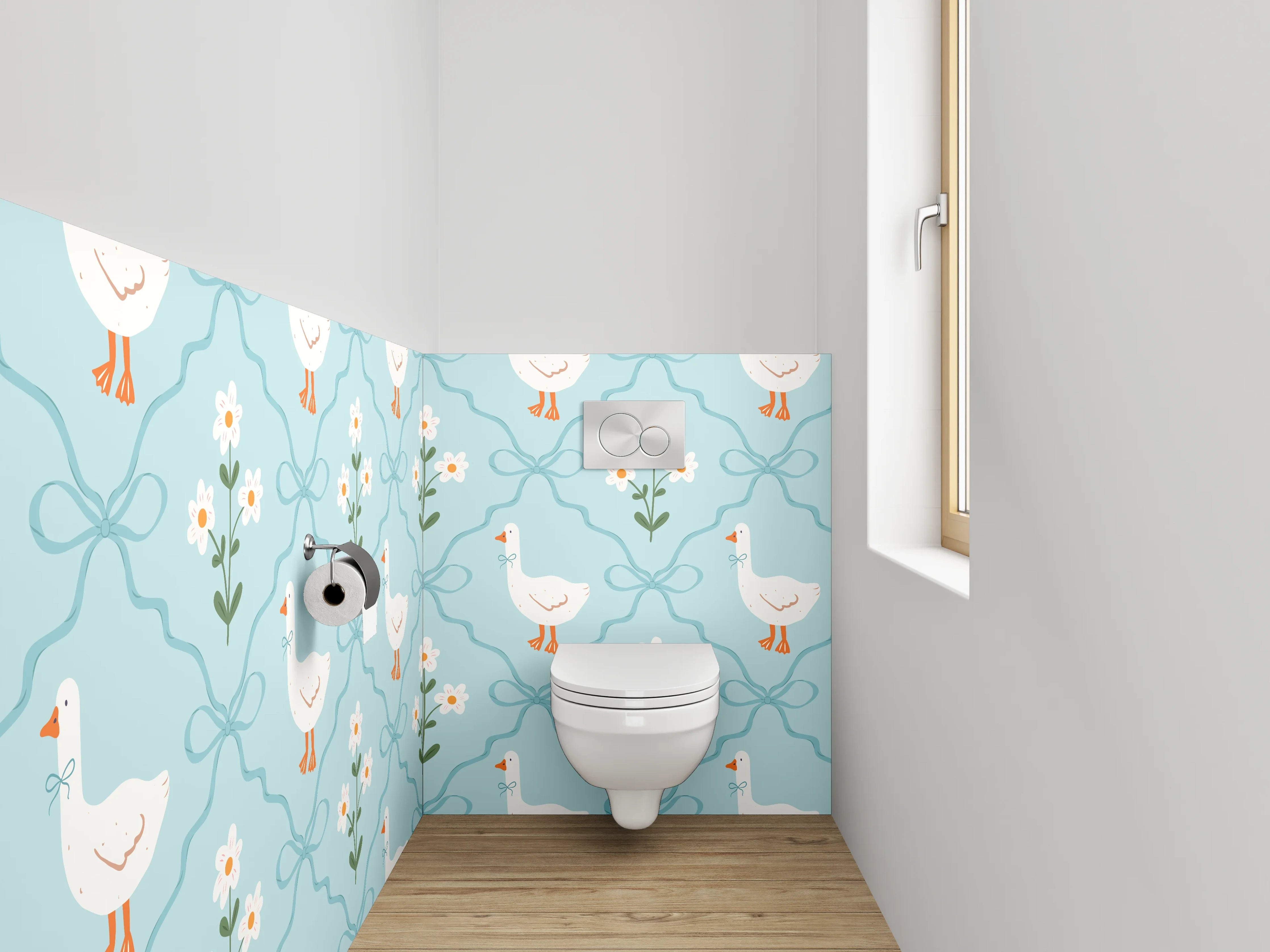 WC-Rückwand - Verspieltes Gänse-Dekor auf Blau