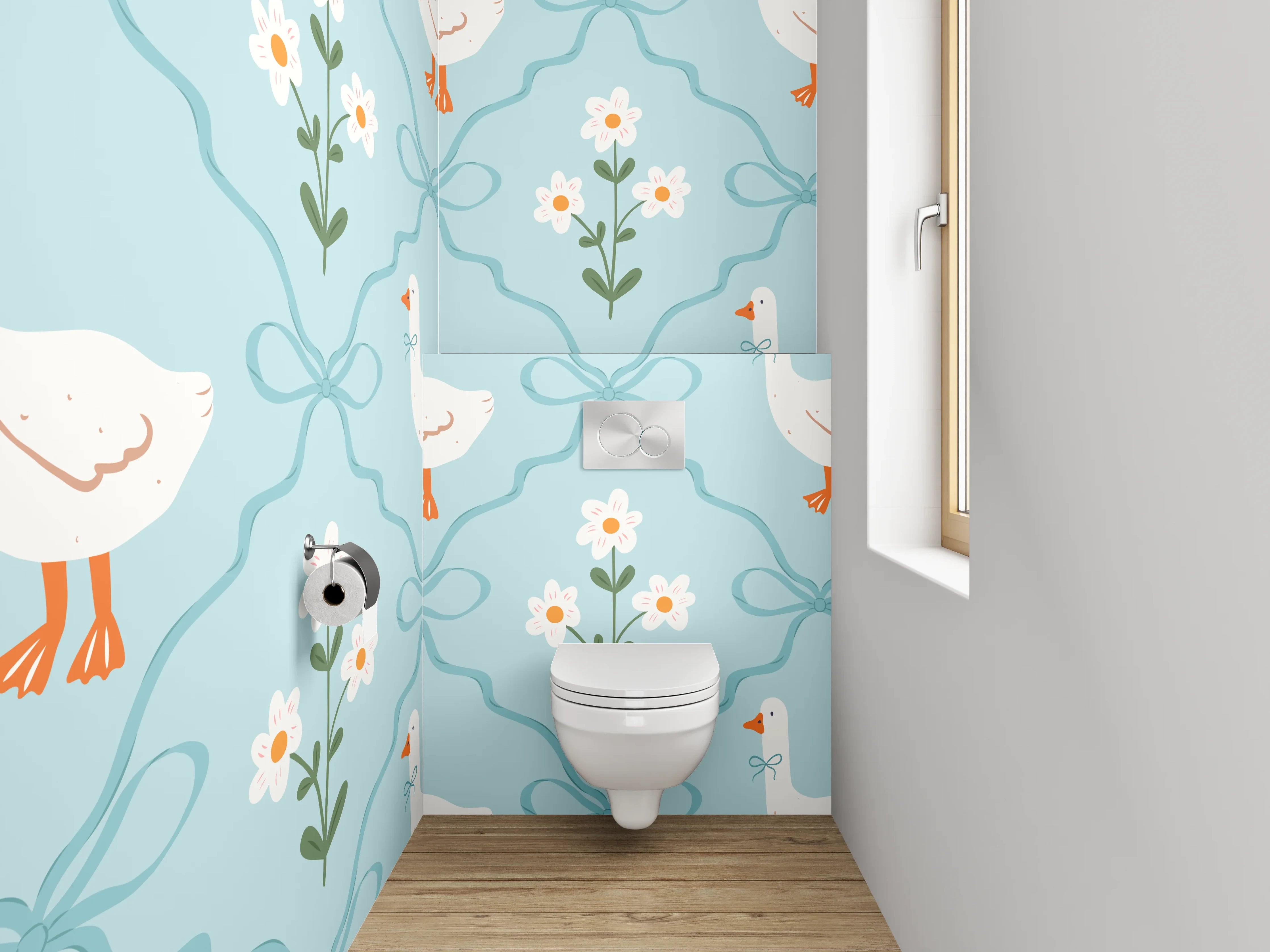 WC-Rückwand - Verspieltes Gänse-Dekor auf Blau