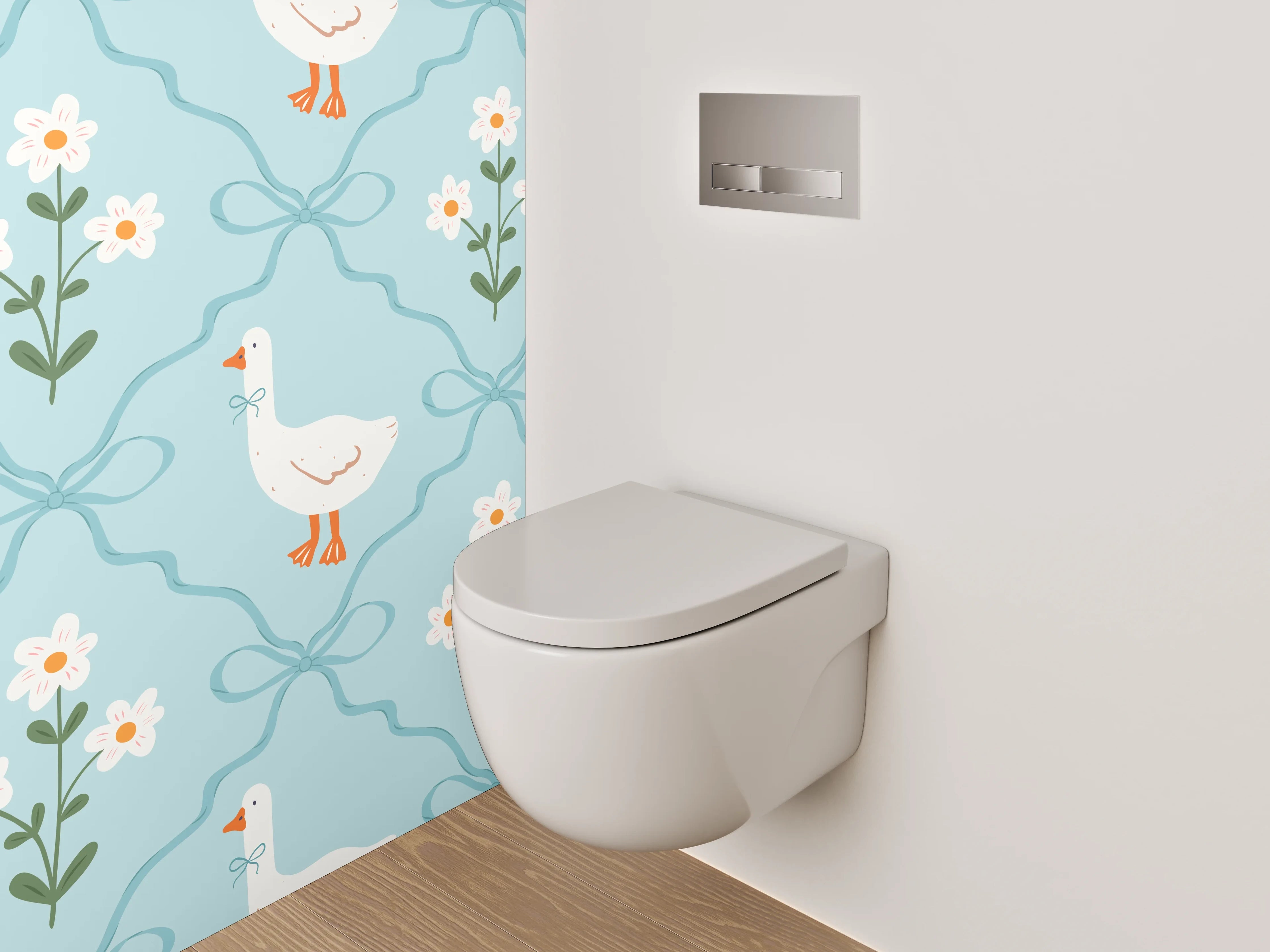 WC-Rückwand - Verspieltes Gänse-Dekor auf Blau