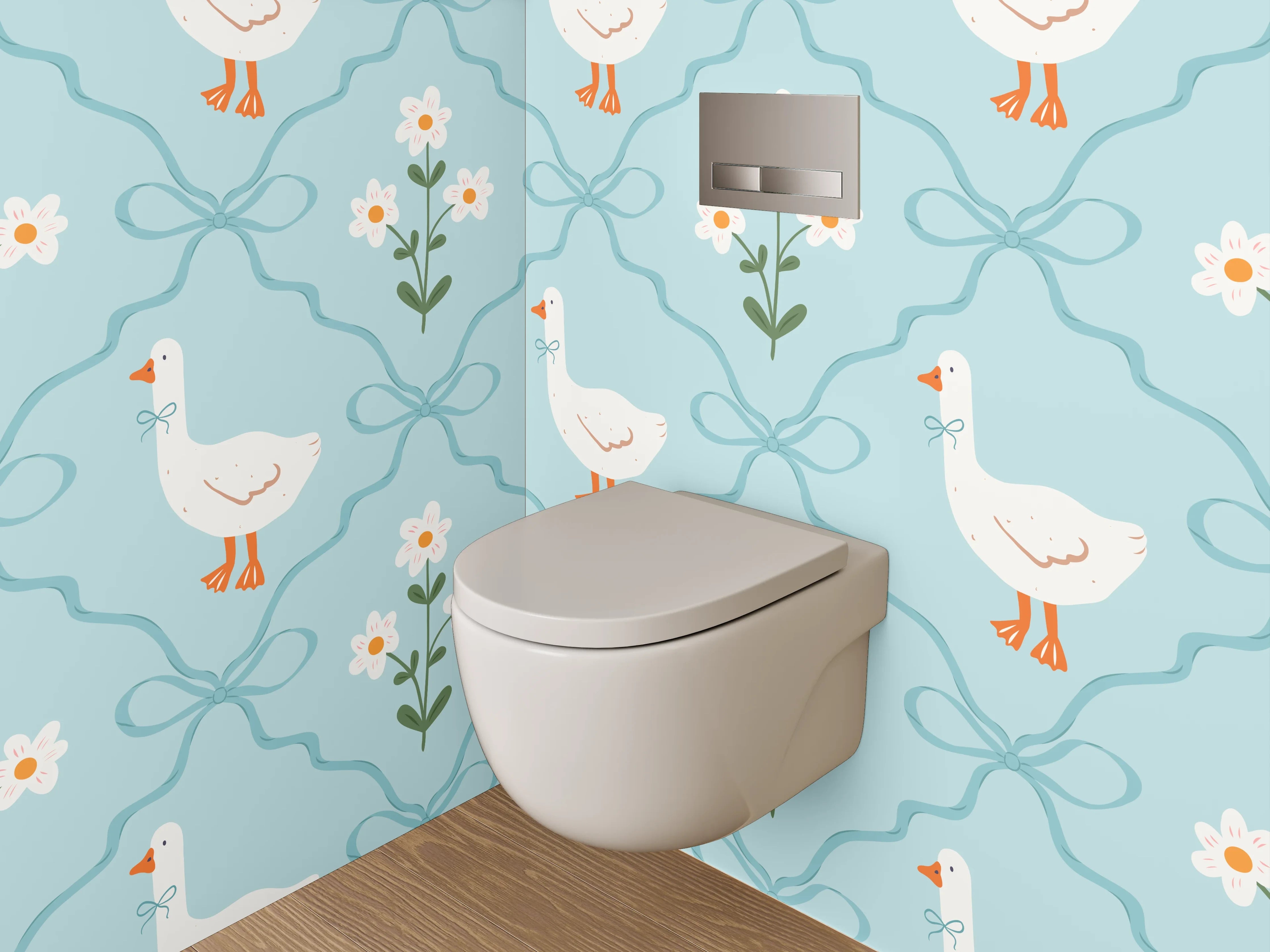 WC-Rückwand - Verspieltes Gänse-Dekor auf Blau
