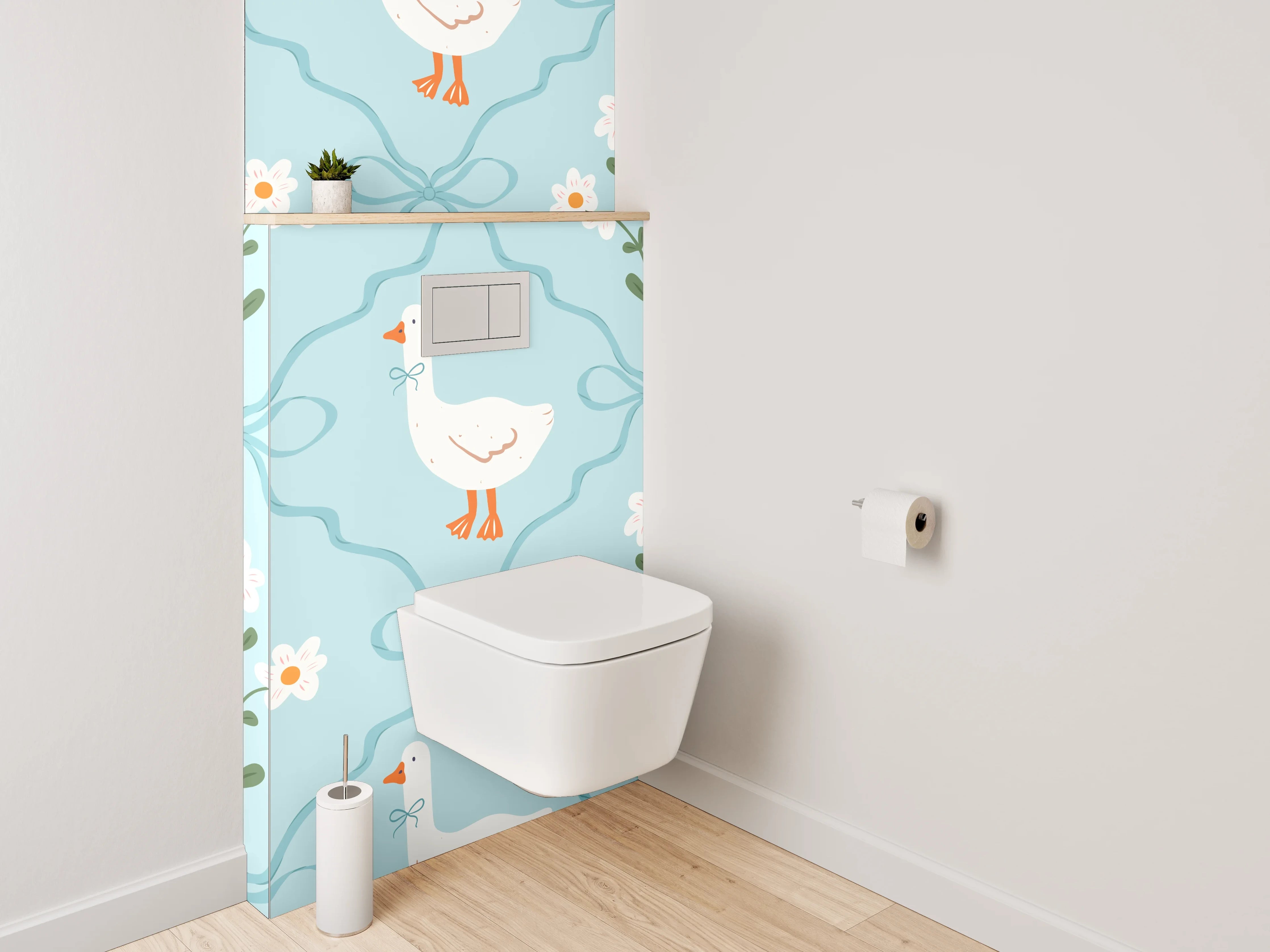 WC-Rückwand - Verspieltes Gänse-Dekor auf Blau