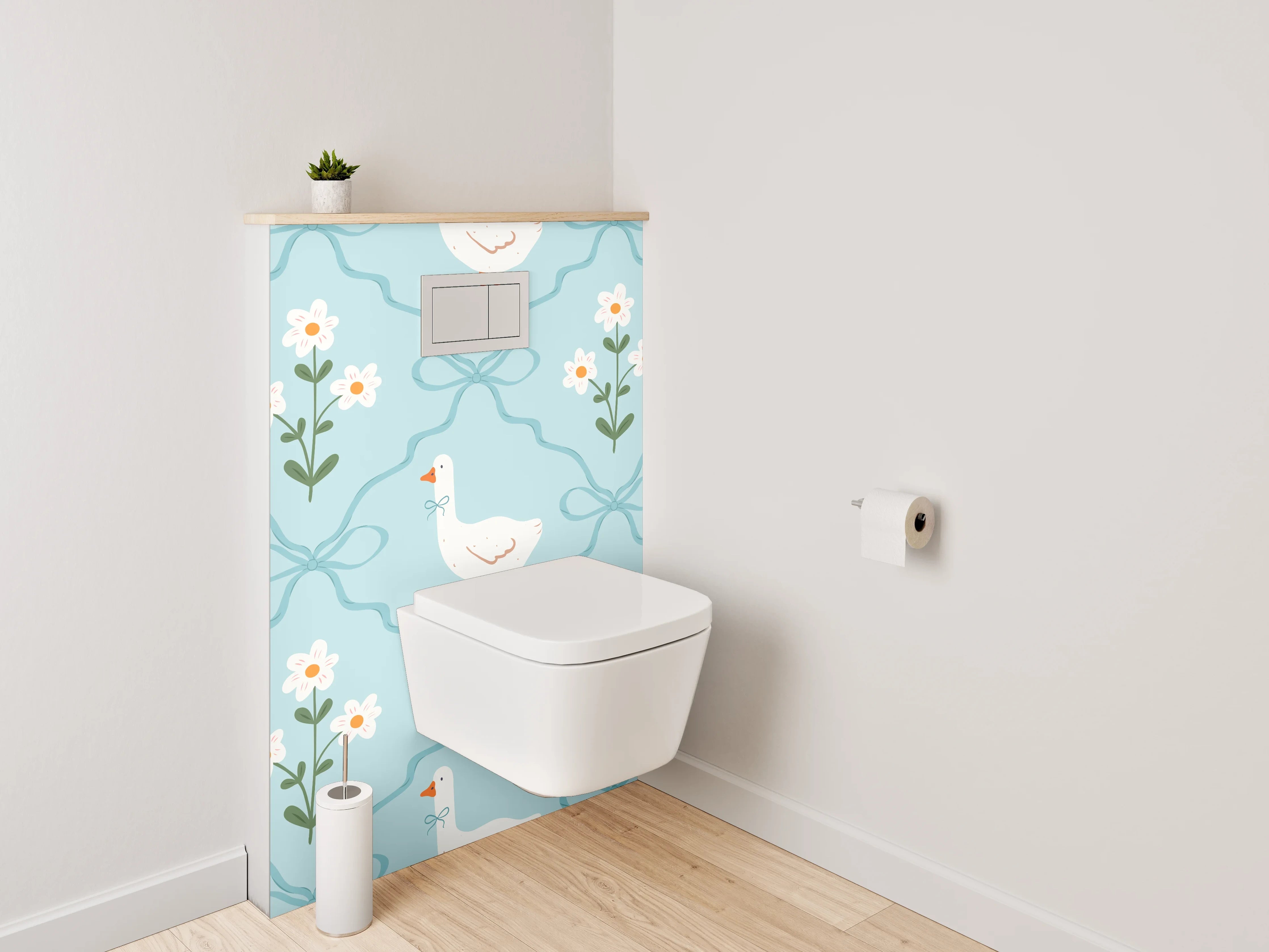WC-Rückwand - Verspieltes Gänse-Dekor auf Blau