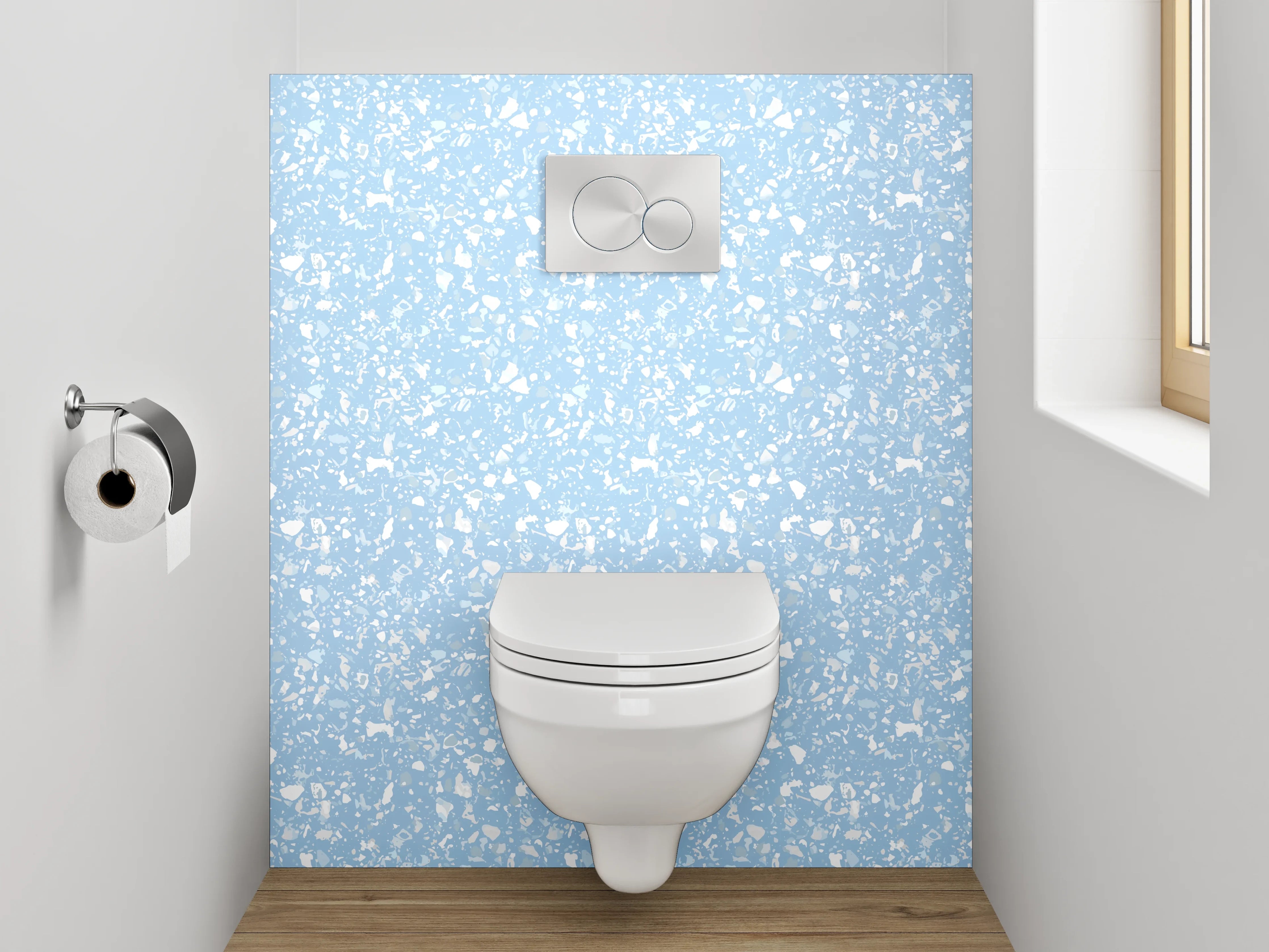 WC-Rückwand - Verspieltes Muster in Hellblau und Weiß