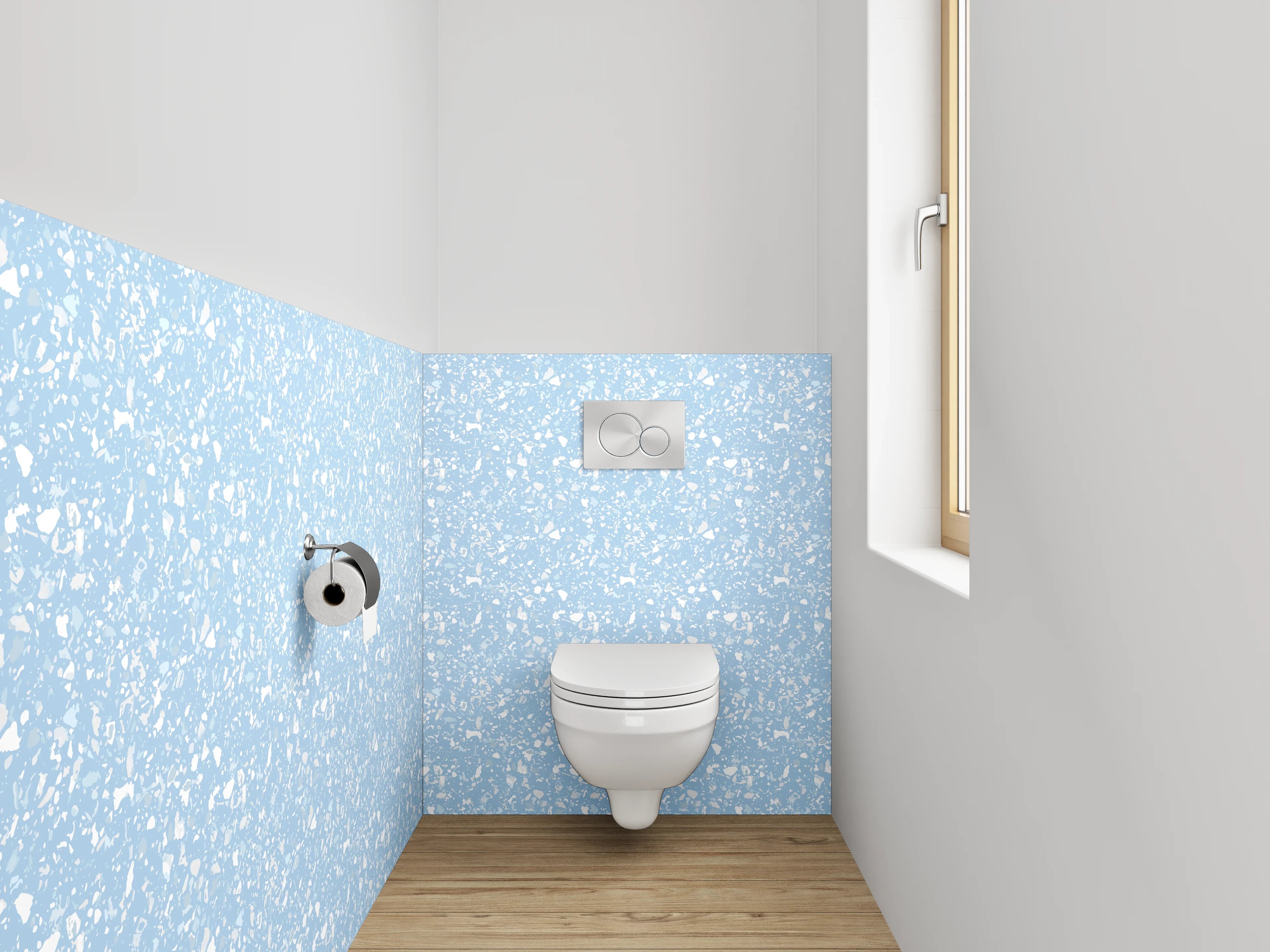 WC-Rückwand - Verspieltes Muster in Hellblau und Weiß