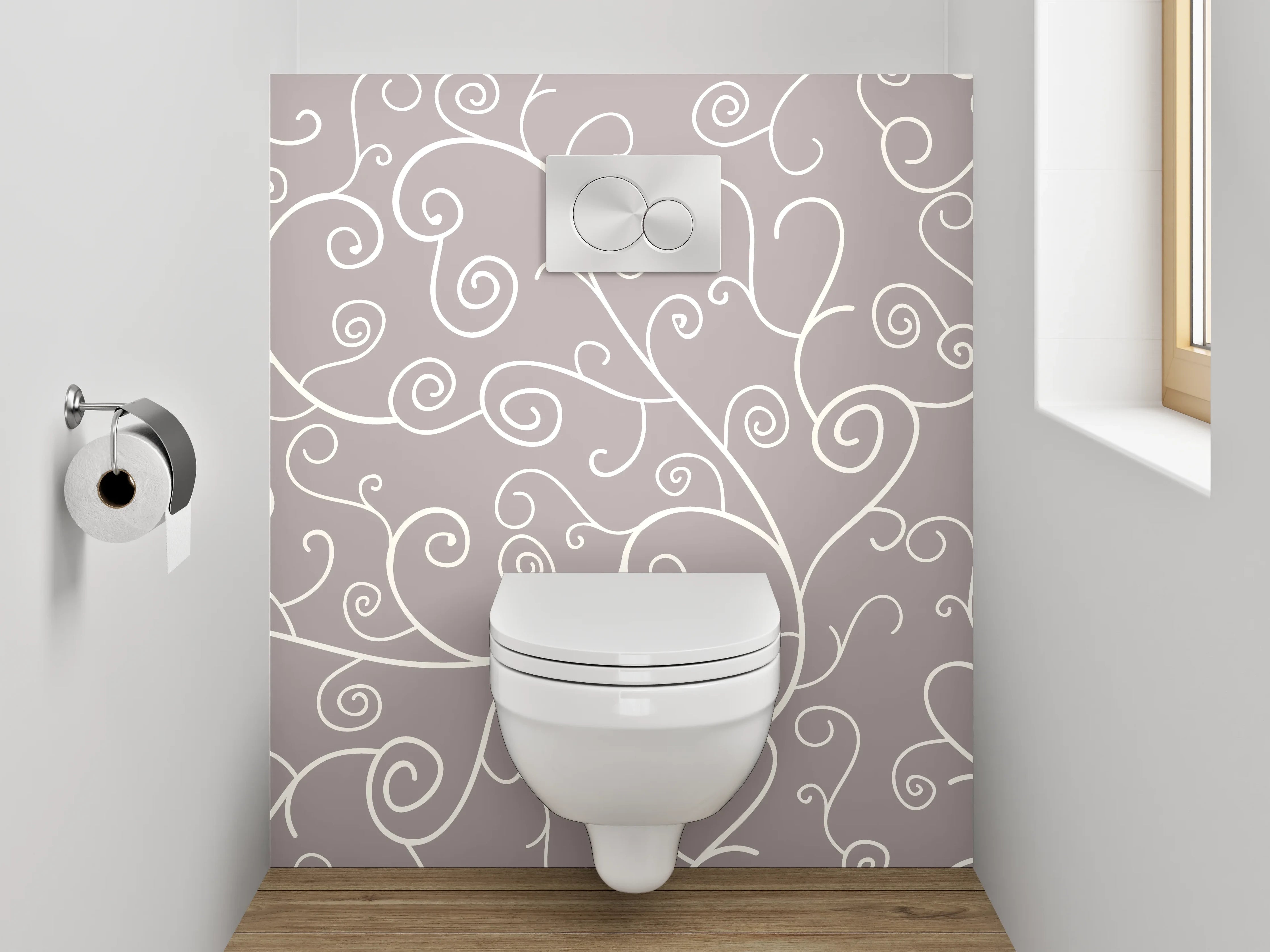 WC-Rückwand - Verspieltes Weiß-Grau Rankenmuster Lineart