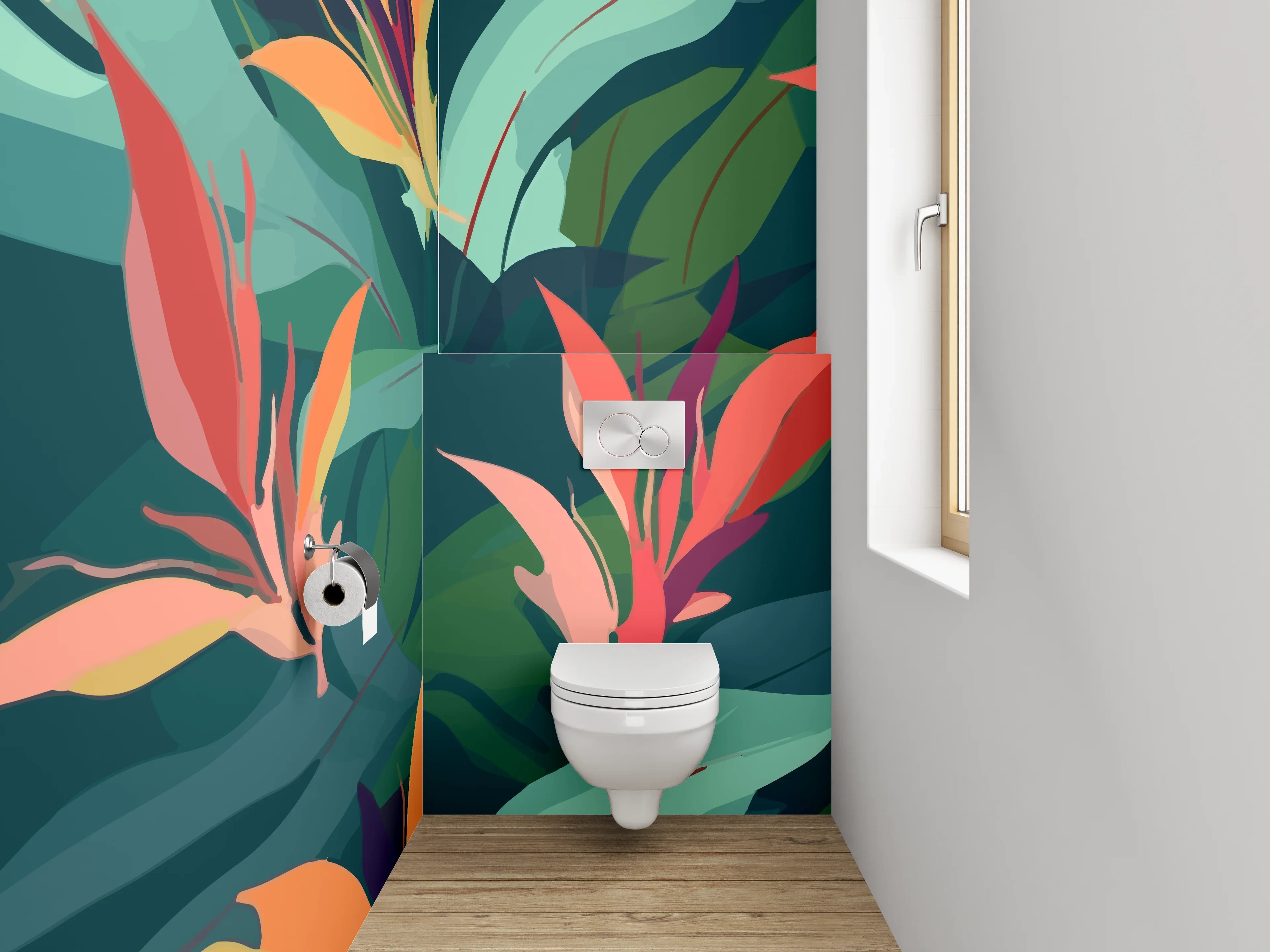 WC-Rückwand - Vibrantes Blumenmuster mit tropischer Atmosphäre