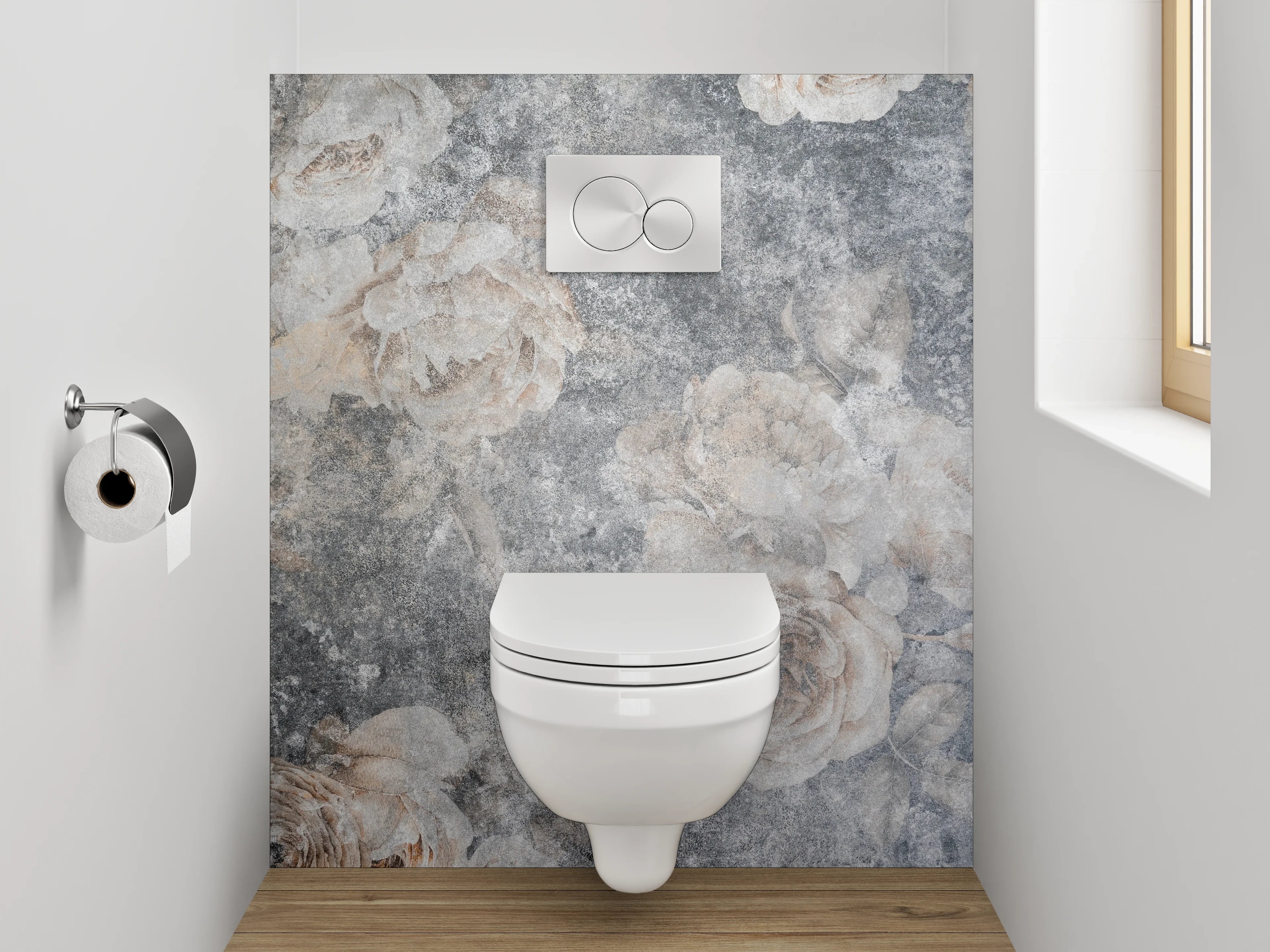 WC-Rückwand - Vintage Blüten auf grauem Hintergrund