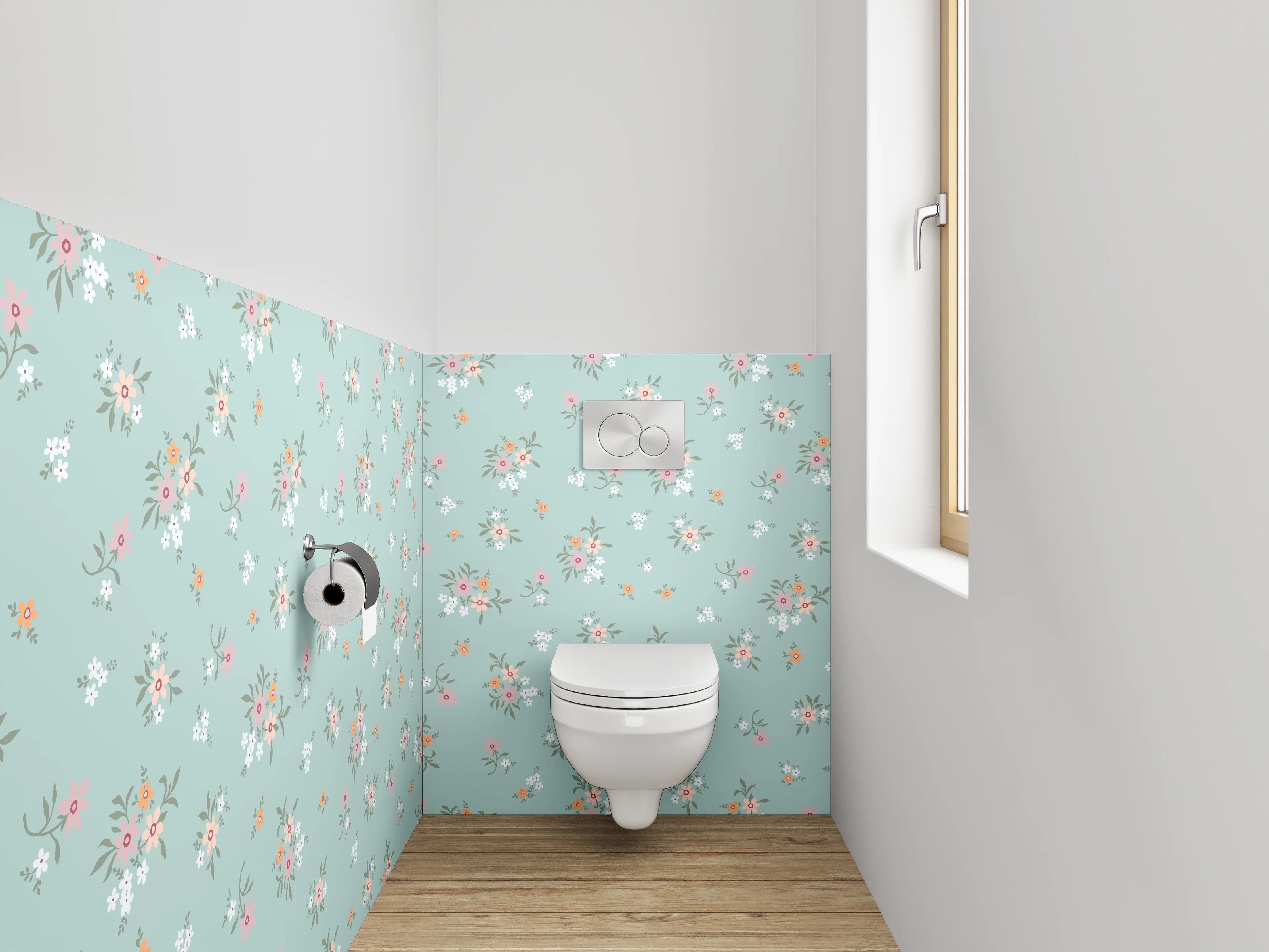 WC-Rückwand - Vintage Blütenmuster auf Türkis