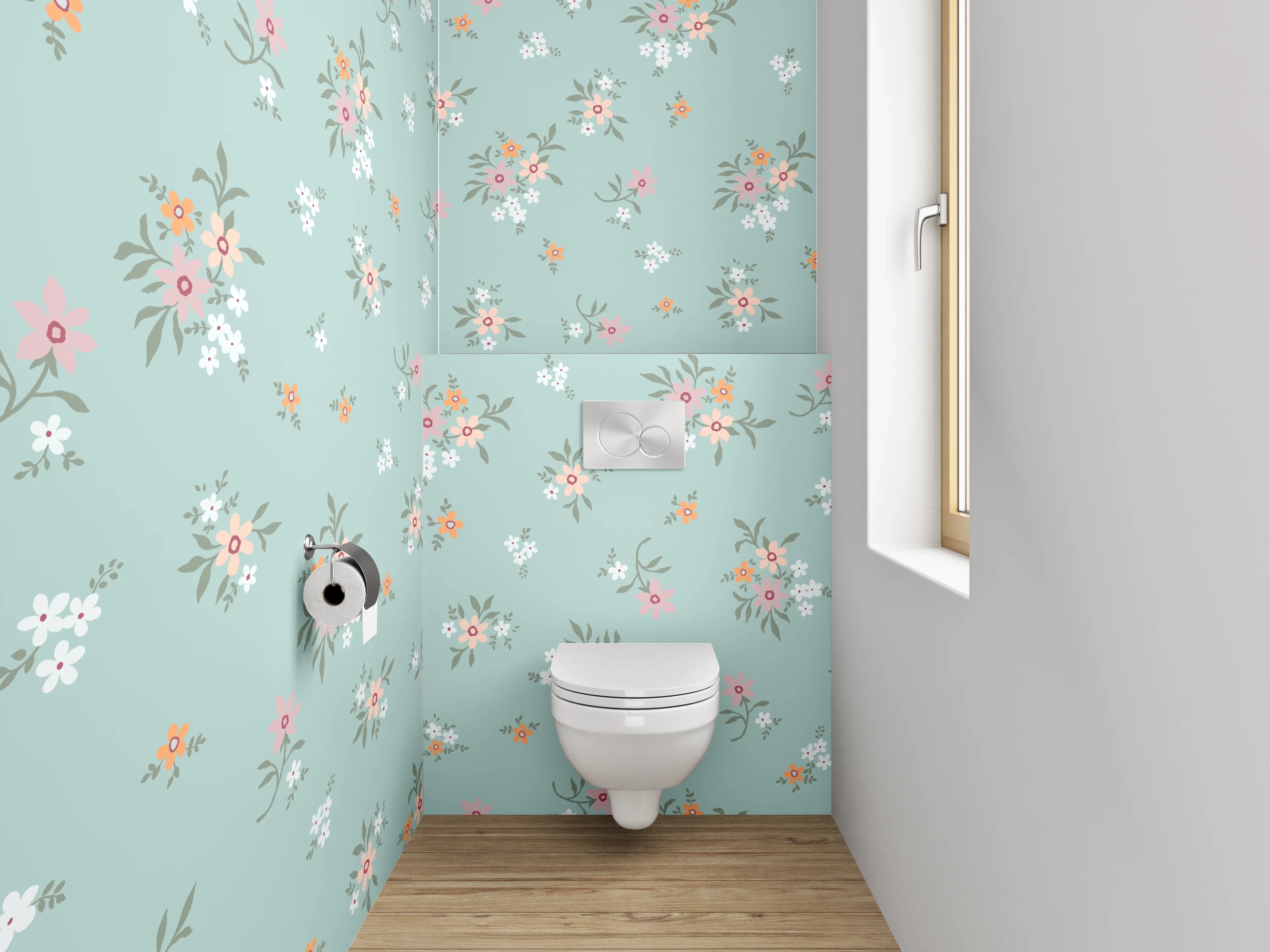 WC-Rückwand - Vintage Blütenmuster auf Türkis