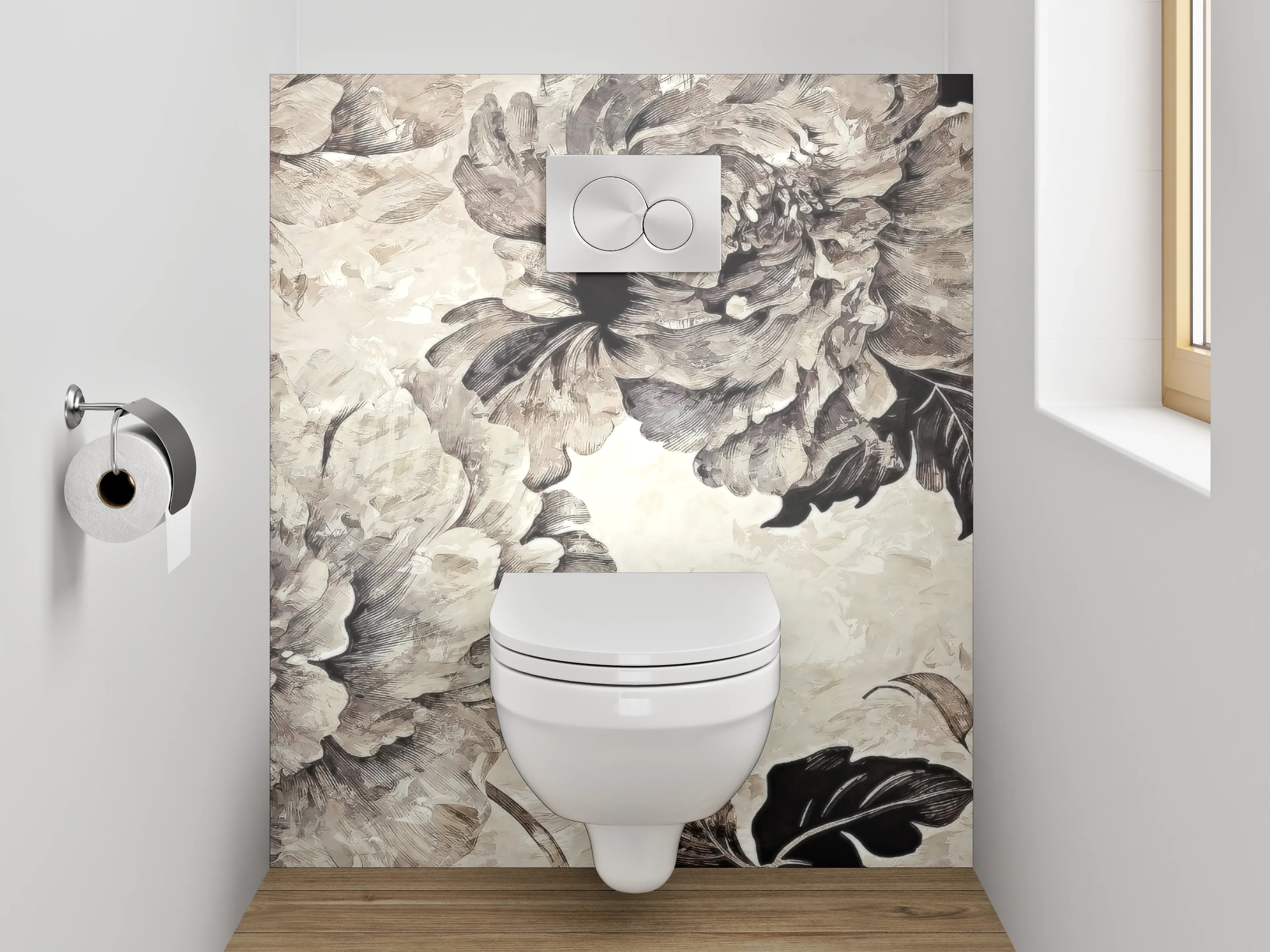 WC-Rückwand - Vintage Blumen Aquarell Schwarz-Weiß Look