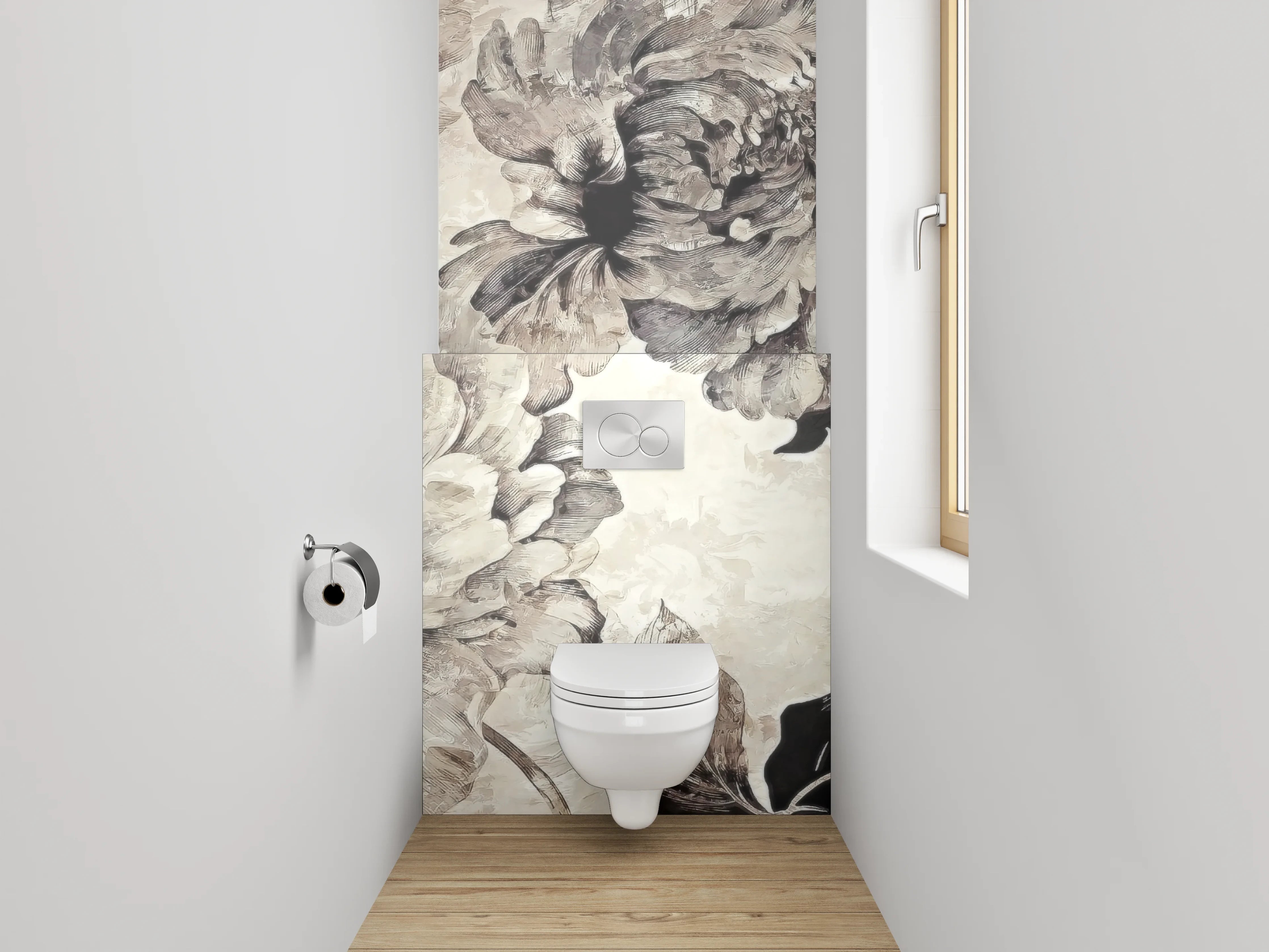 WC-Rückwand - Vintage Blumen Aquarell Schwarz-Weiß Look