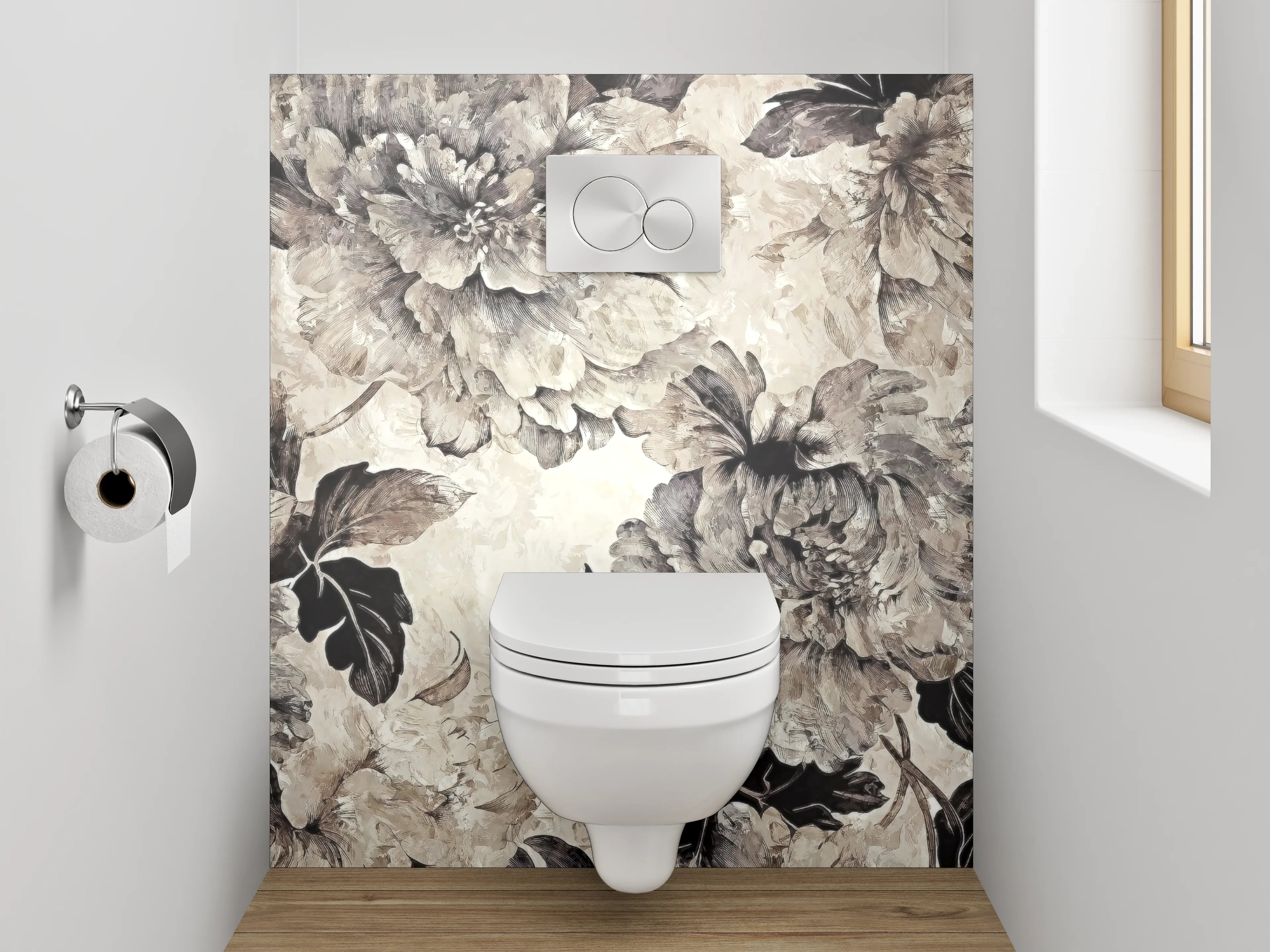 WC-Rückwand - Vintage Blumen Aquarell in Grau-Beige