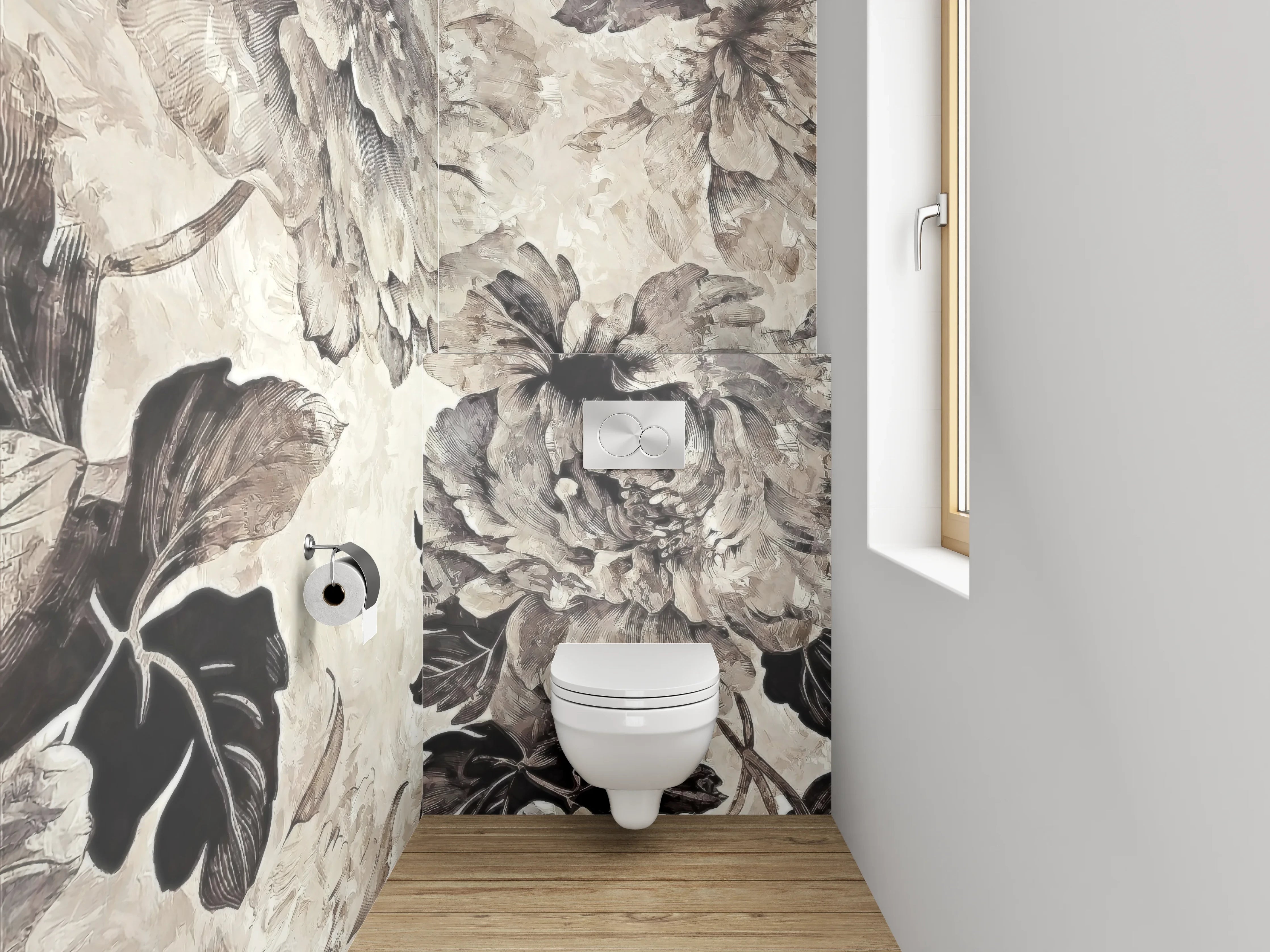 WC-Rückwand - Vintage Blumen Aquarell in Grau-Beige