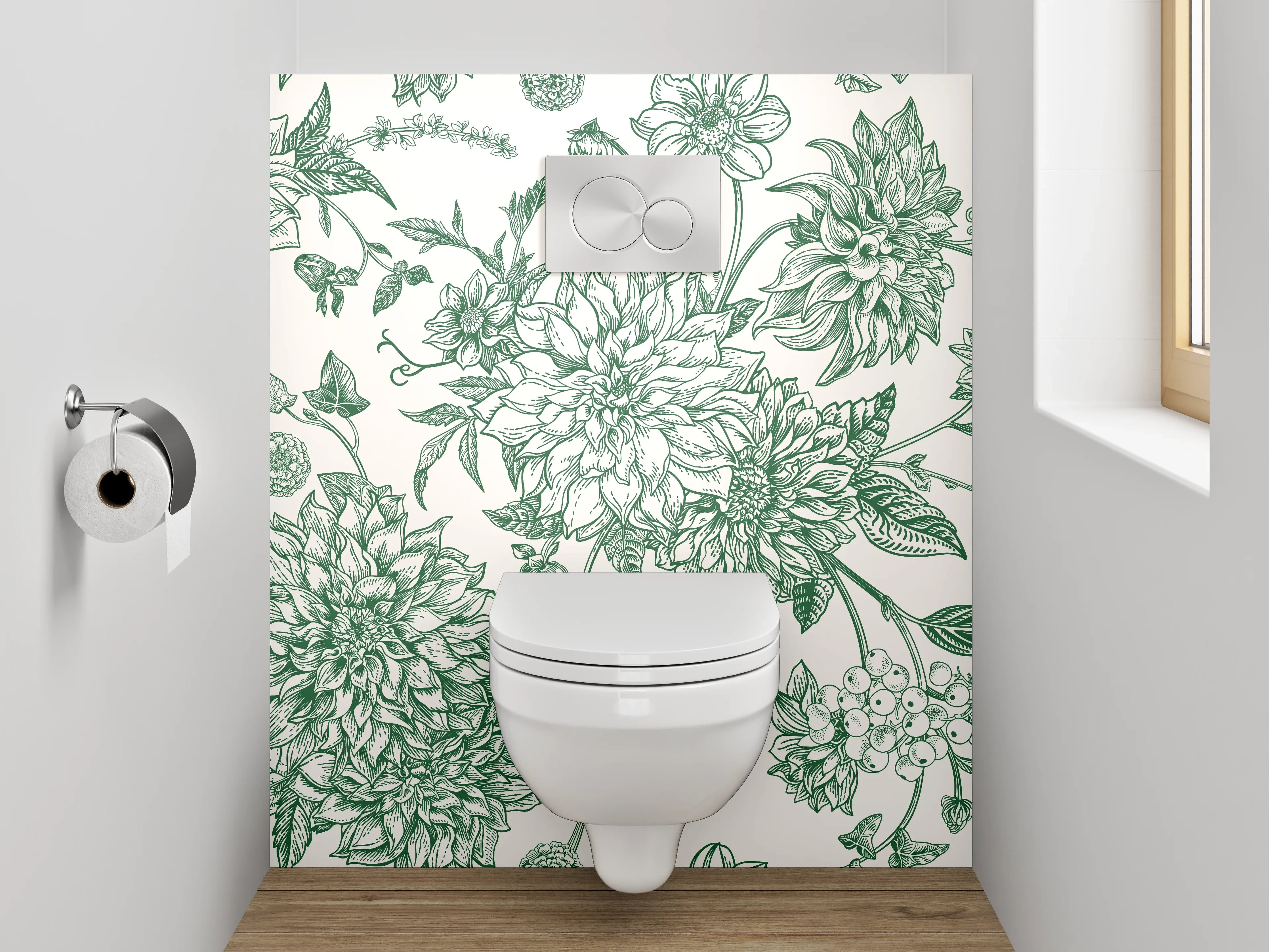 WC-Rückwand - Vintage Blumen Muster grün weiß
