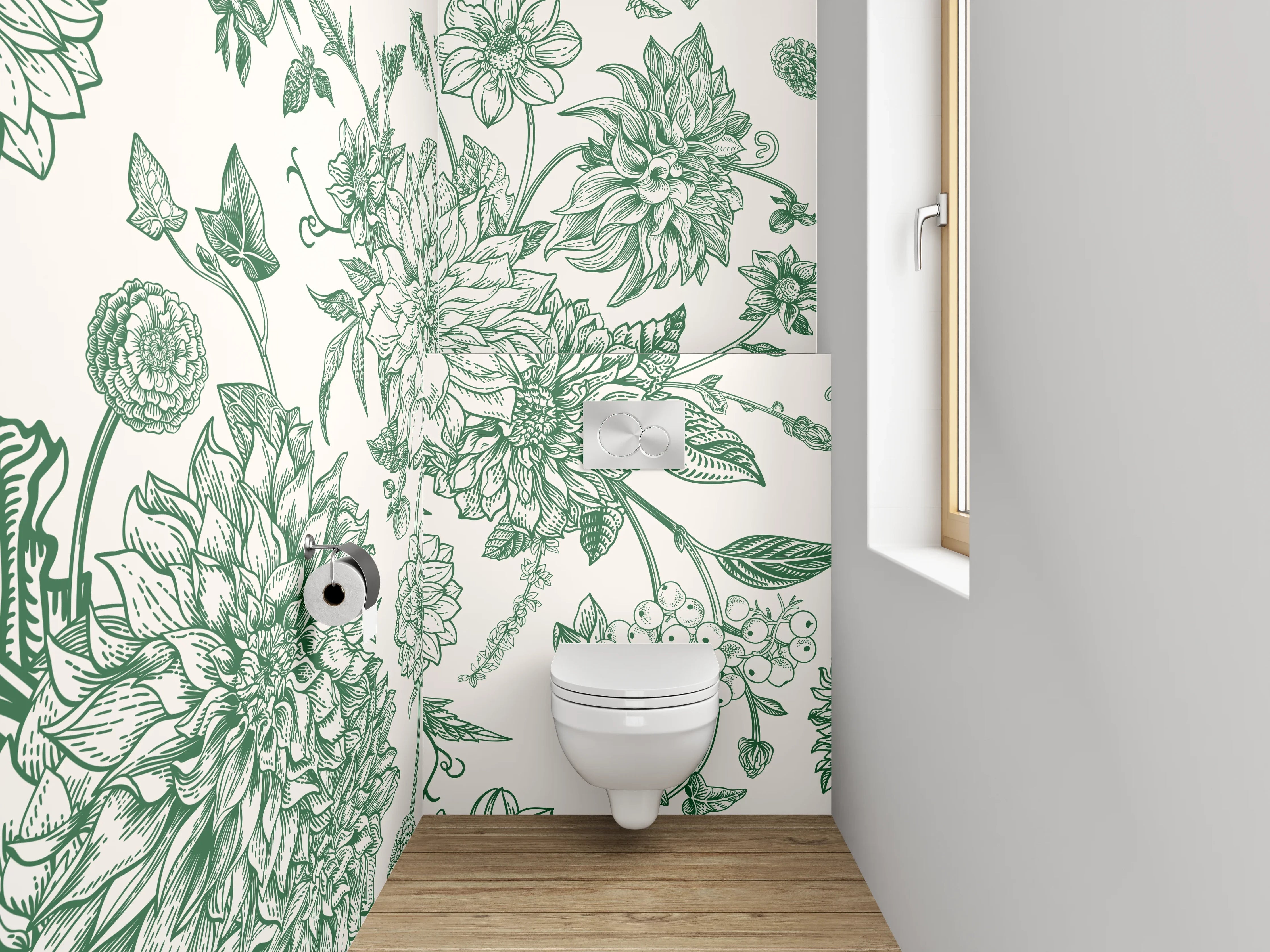 WC-Rückwand - Vintage Blumen Muster grün weiß