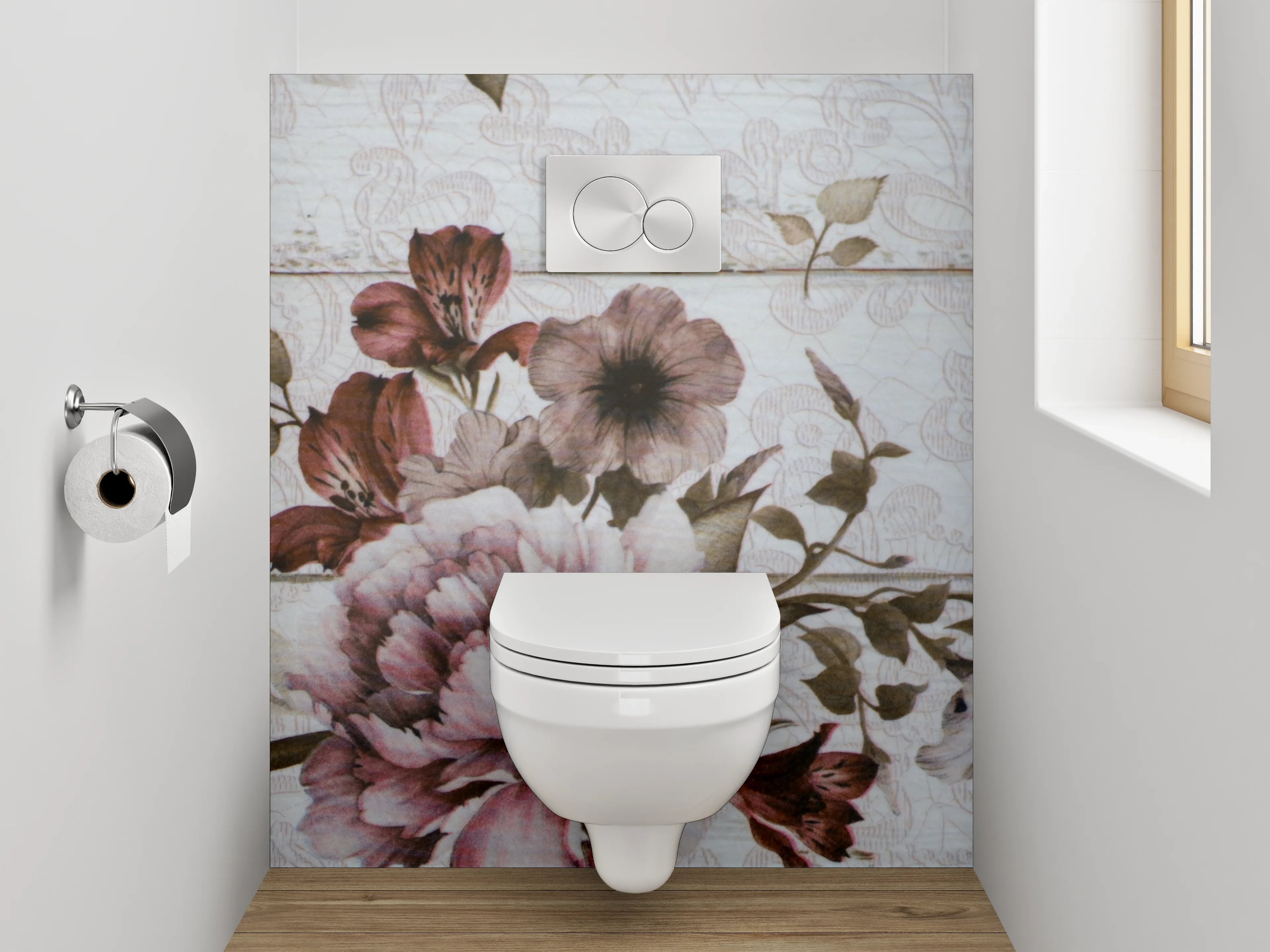 WC-Rückwand - Vintage Blumen auf Holz-Optik