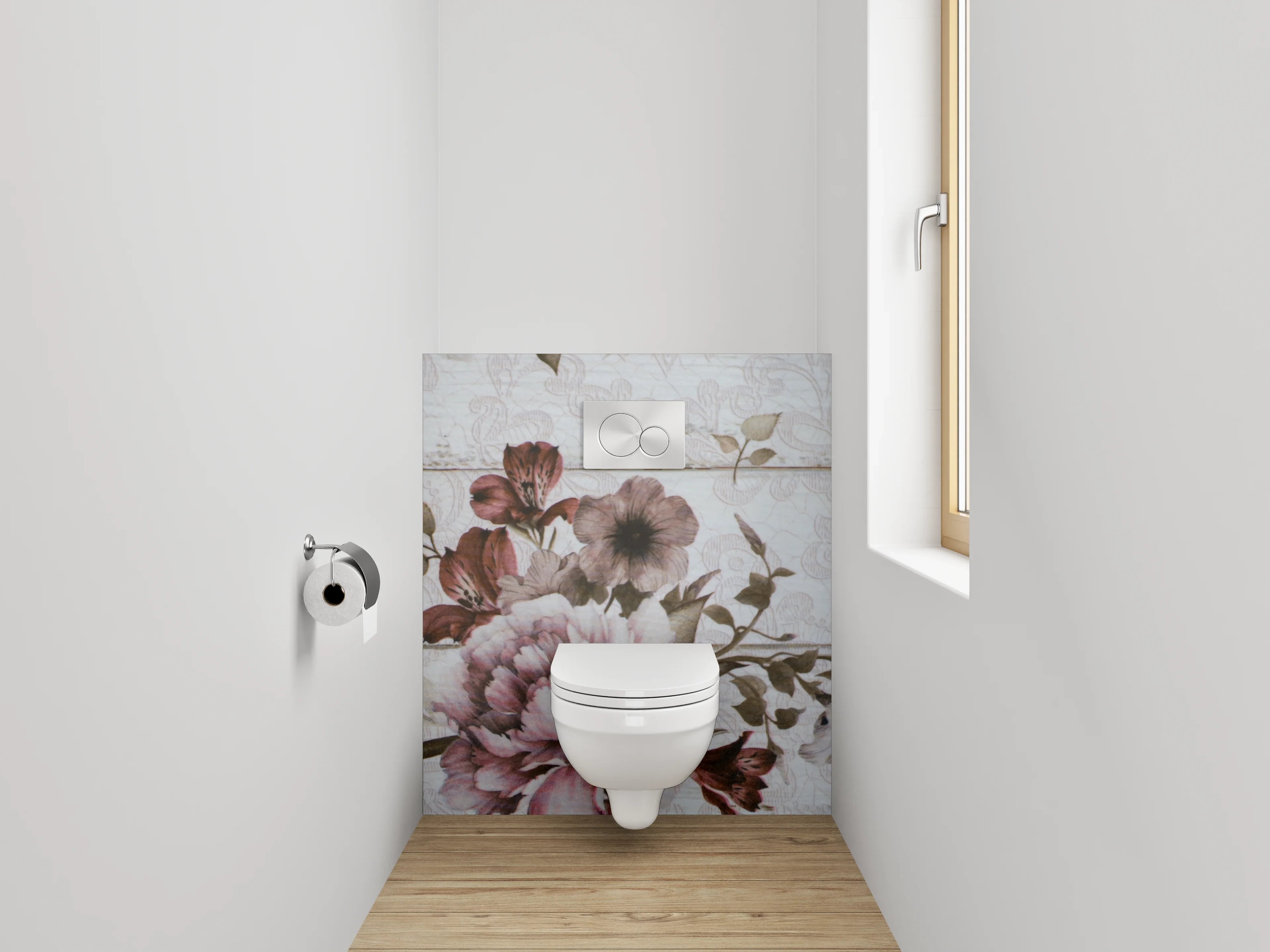 WC-Rückwand - Vintage Blumen auf Holz-Optik