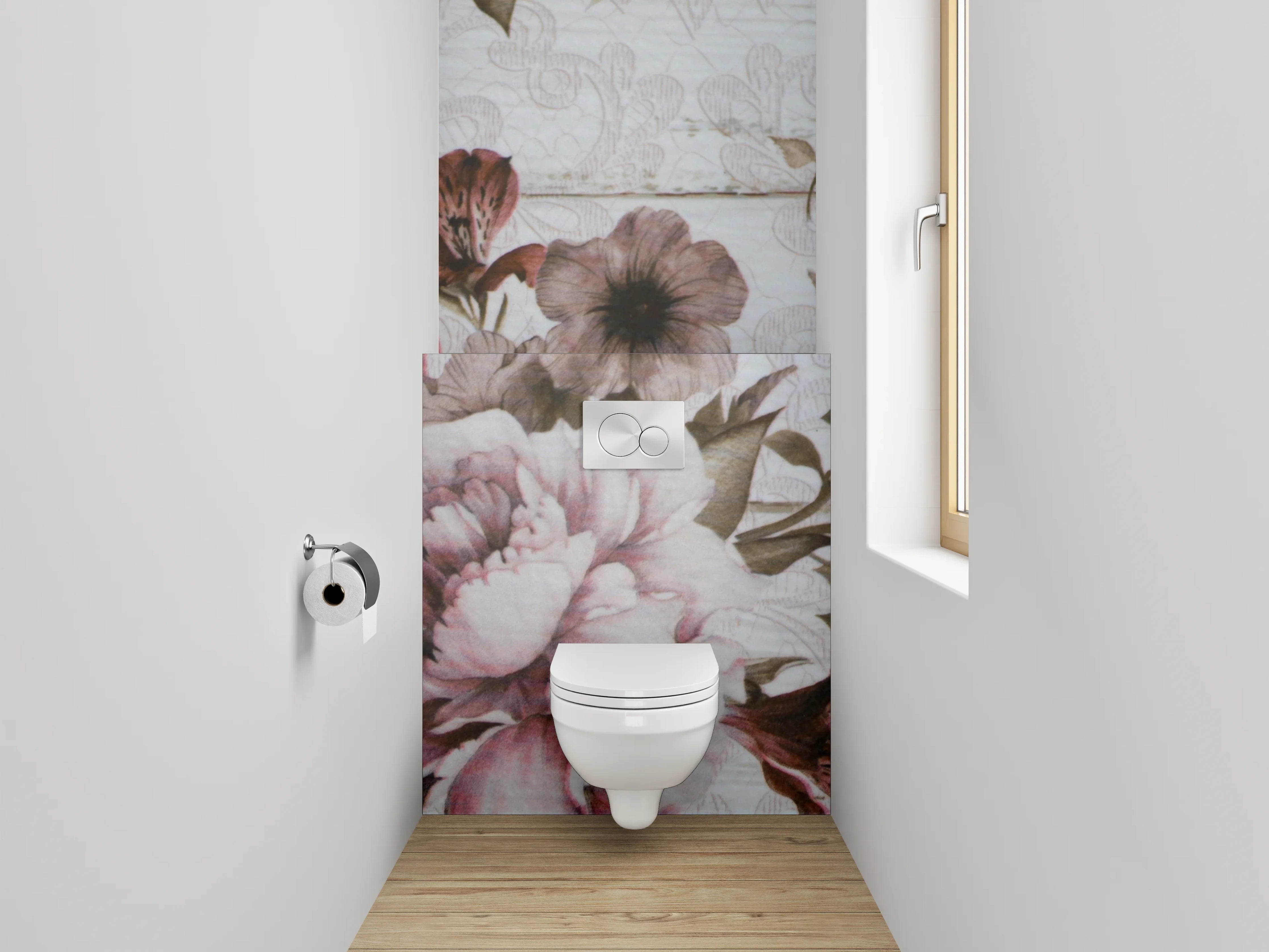 WC-Rückwand - Vintage Blumen auf Holz-Optik