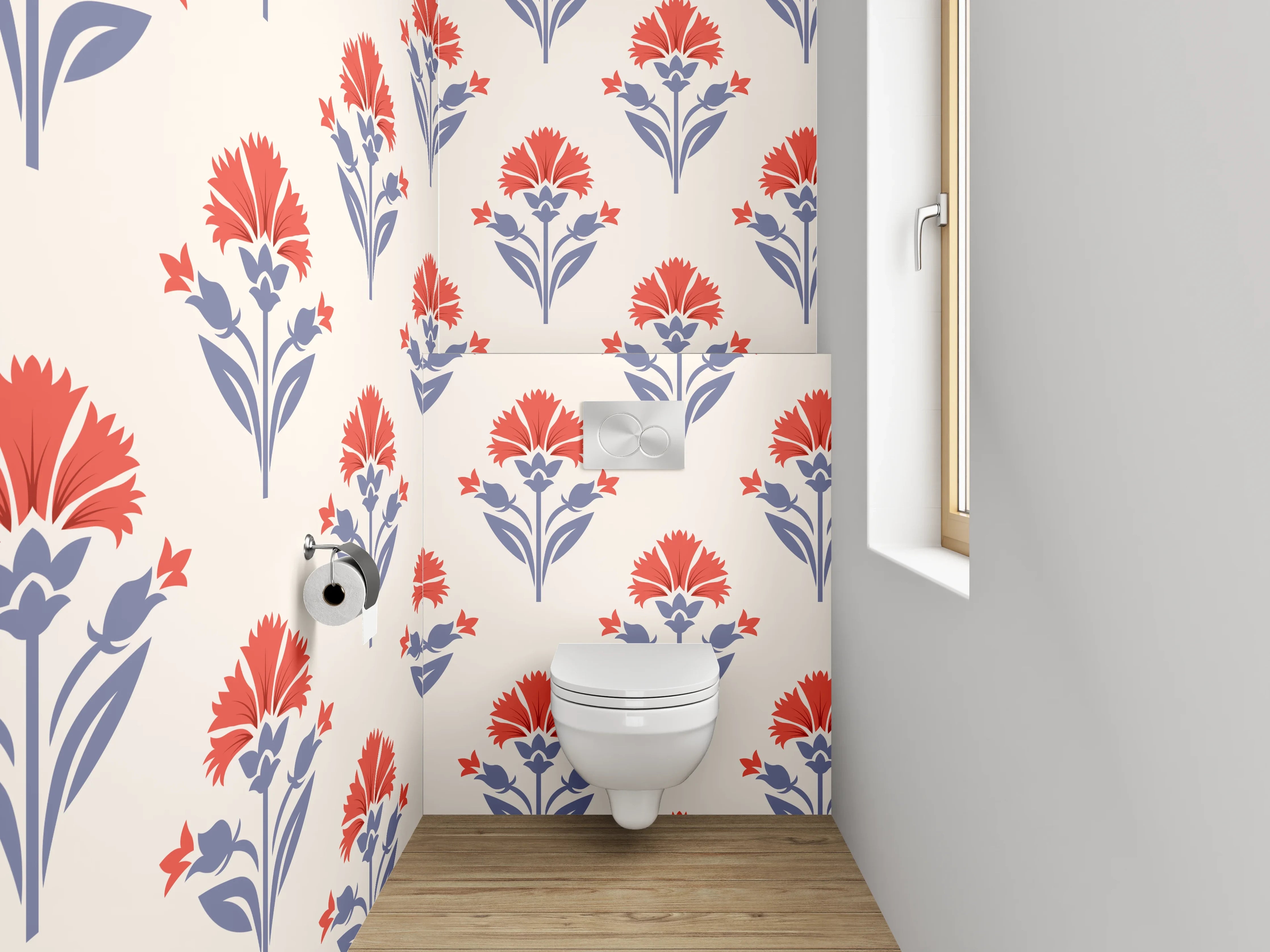 WC-Rückwand - Vintage Blumenmuster Rot Blau Beige