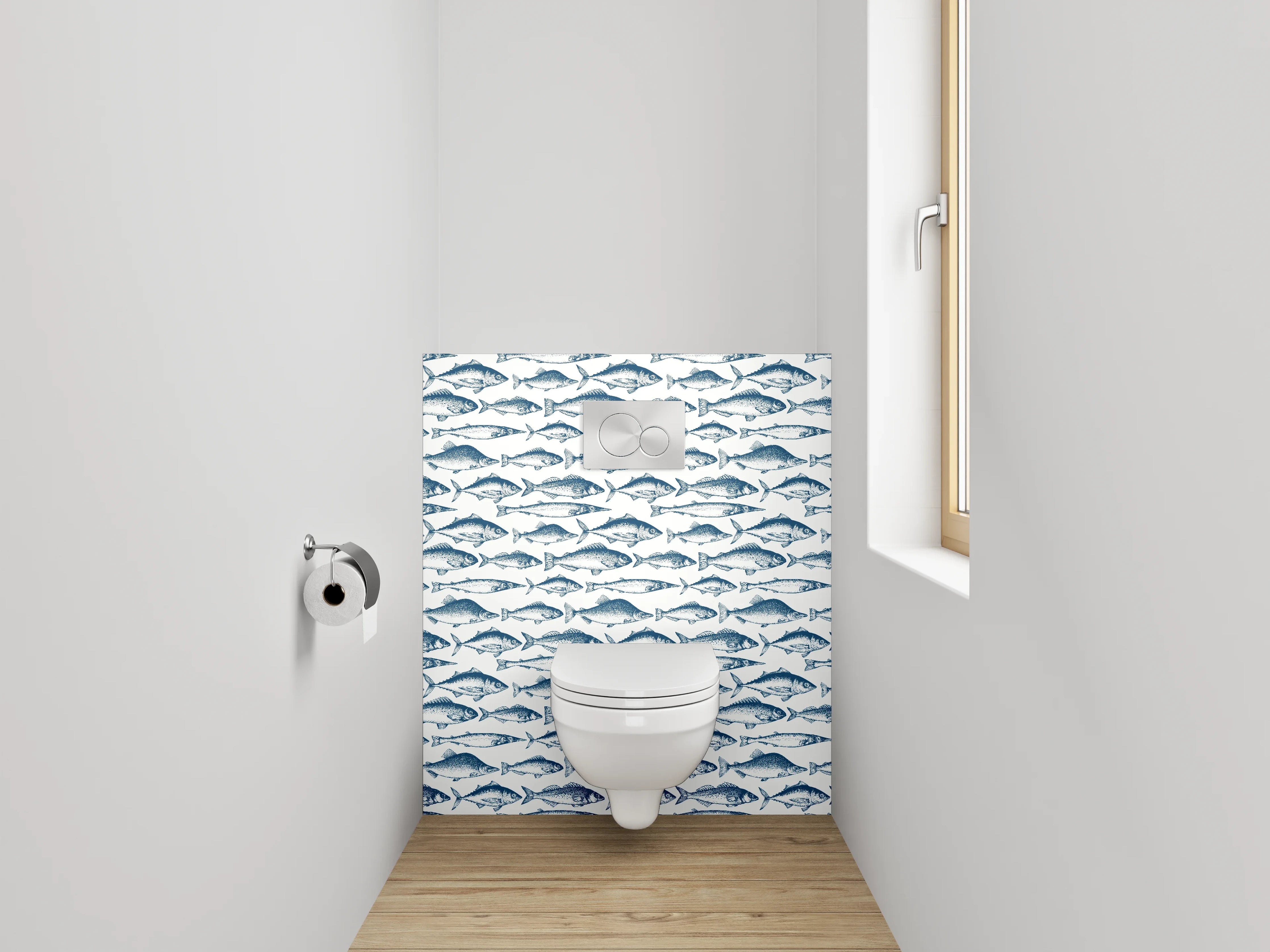 WC-Rückwand - Vintage Fischmuster Blau Weiß