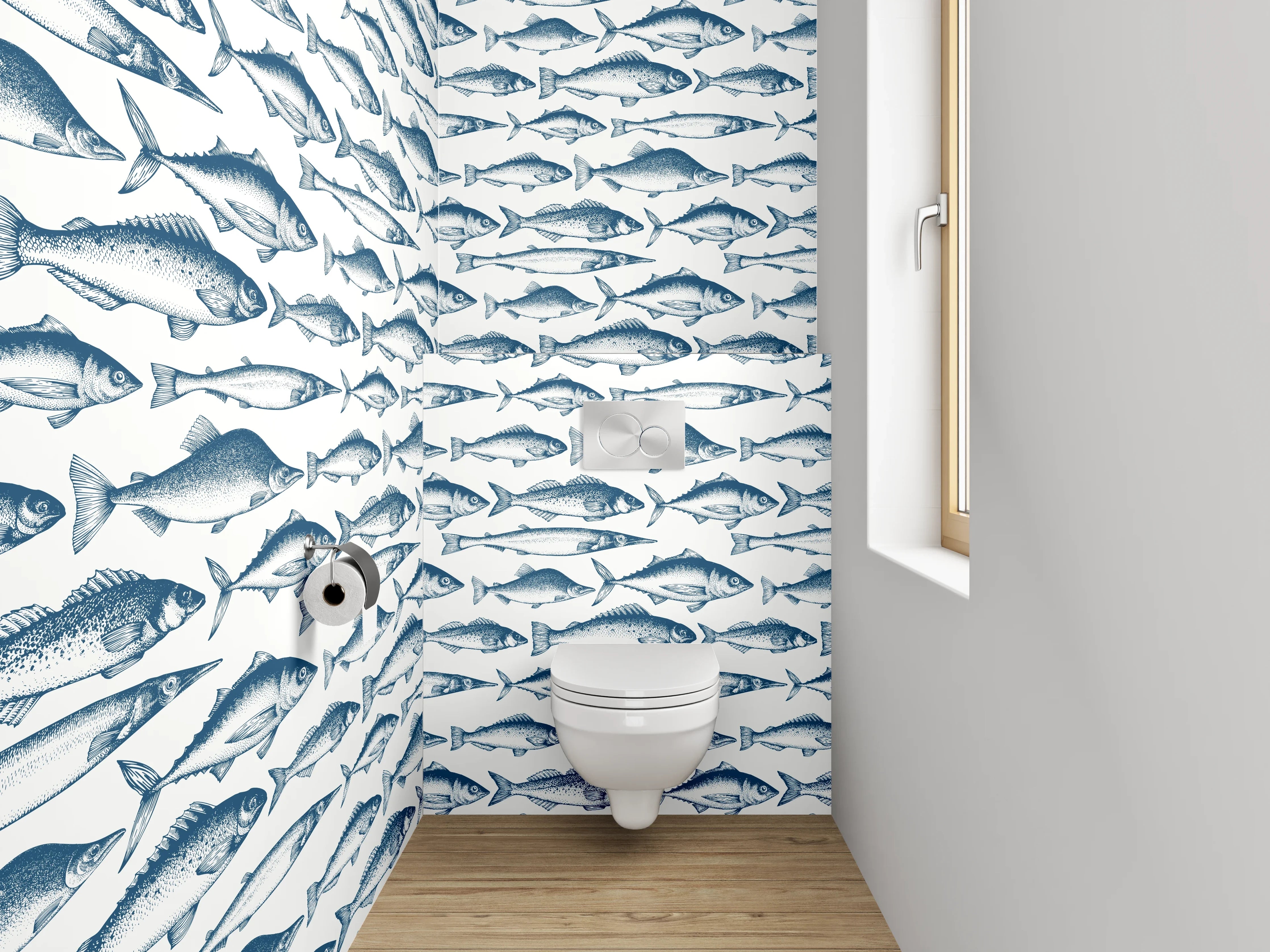 WC-Rückwand - Vintage Fischmuster Blau Weiß
