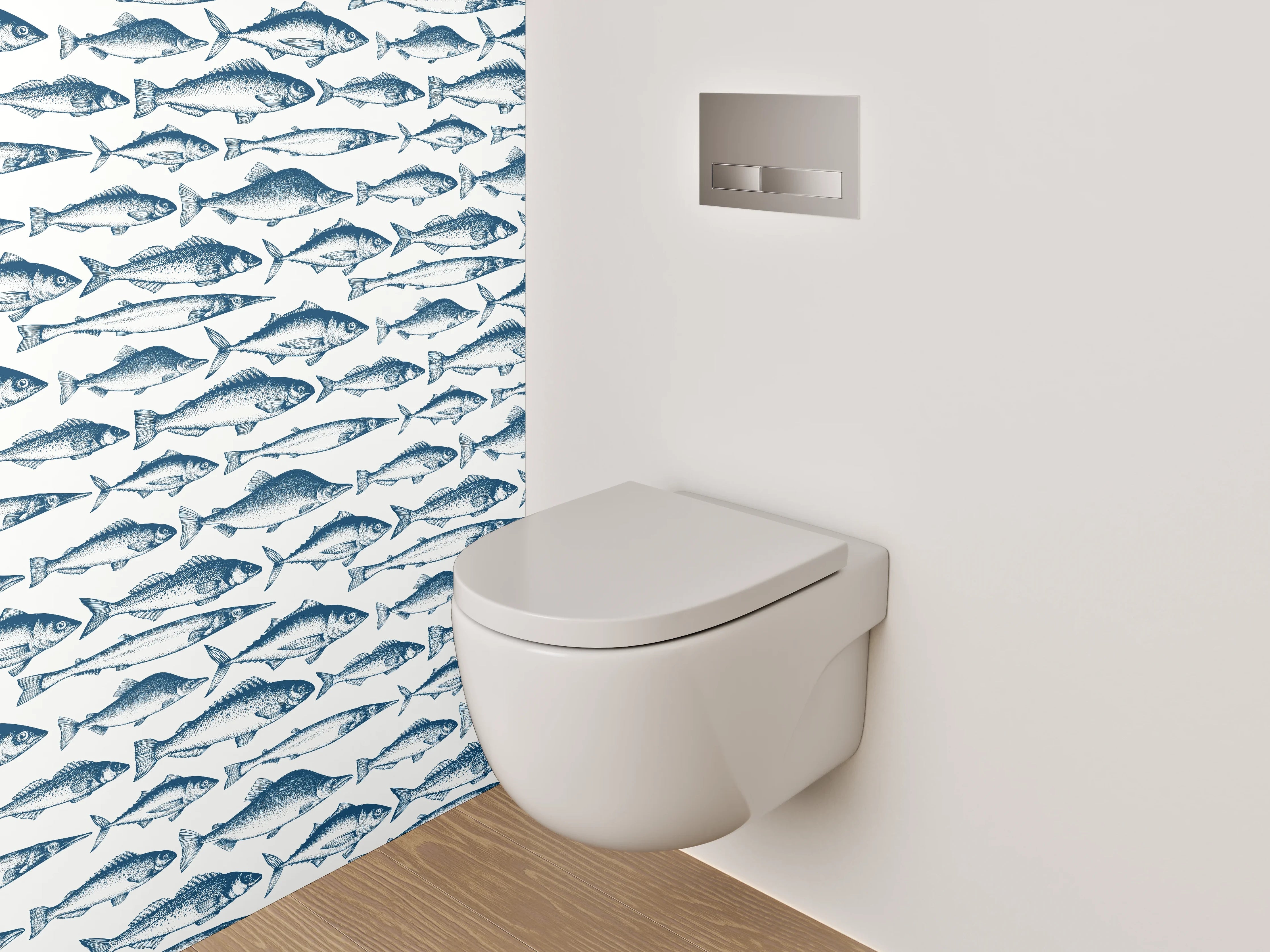 WC-Rückwand - Vintage Fischmuster Blau Weiß