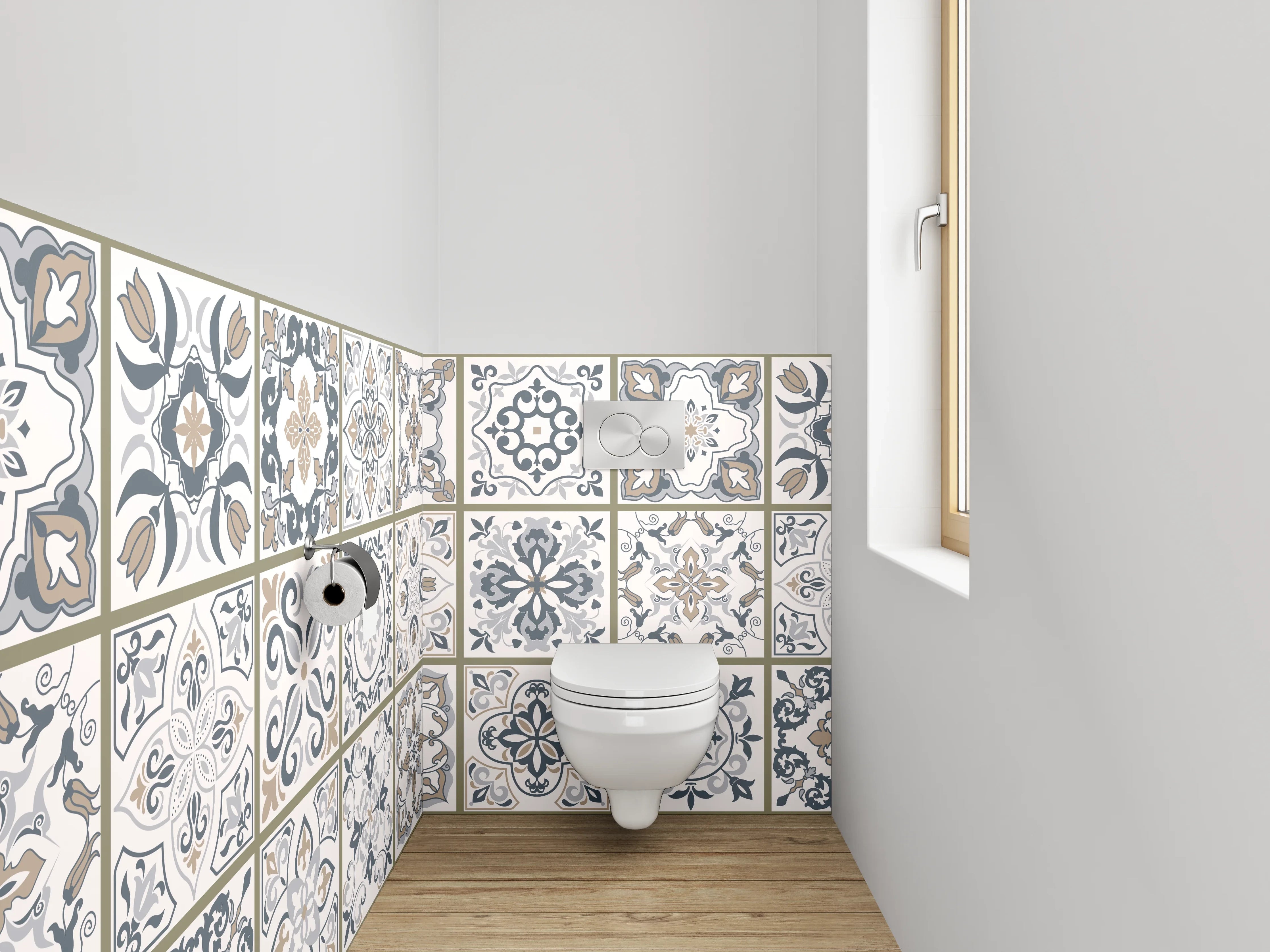 WC-Rückwand - Vintage Fliesen Blau Grauweiß Muster
