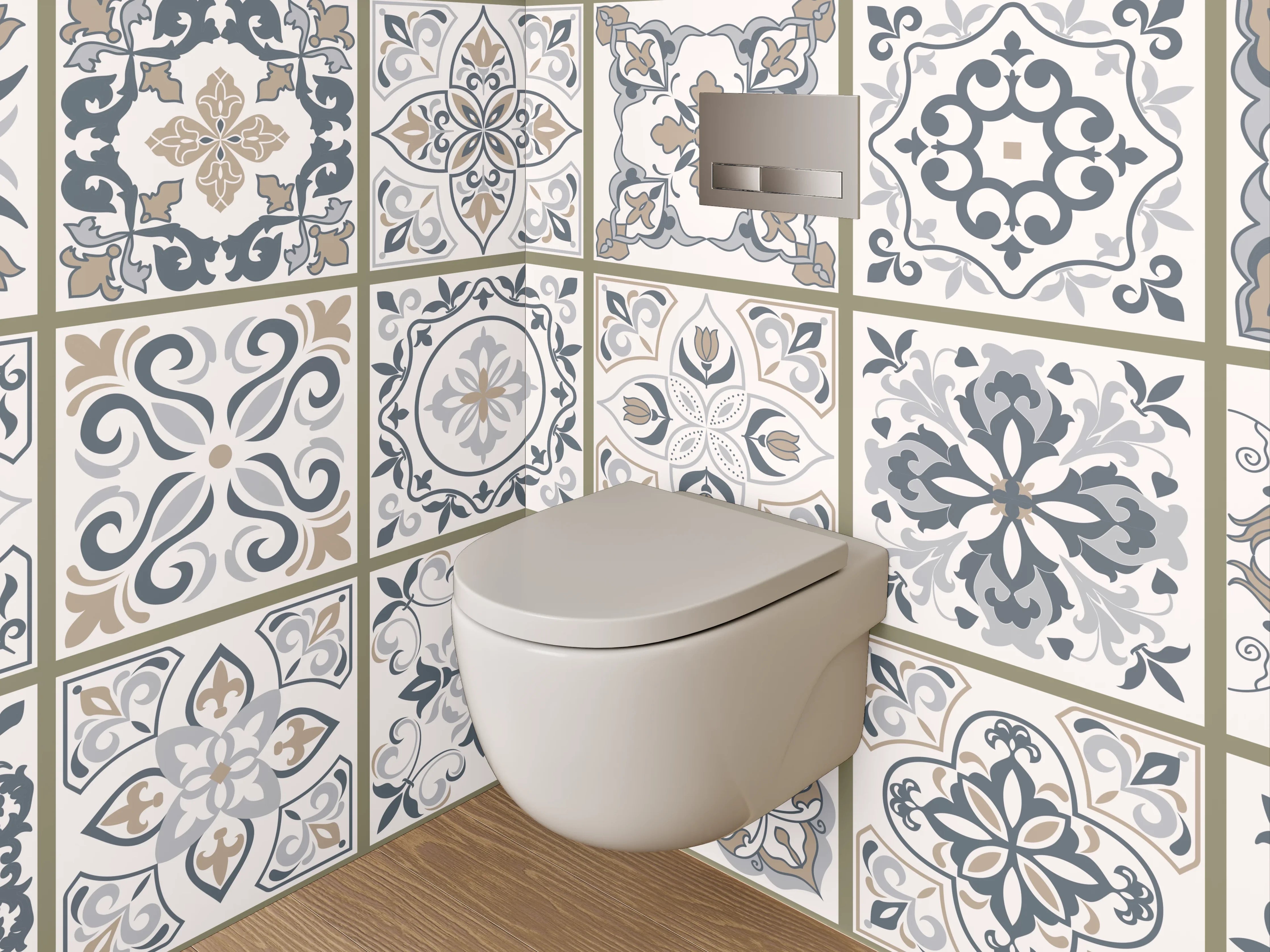 WC-Rückwand - Vintage Fliesen Blau Grauweiß Muster
