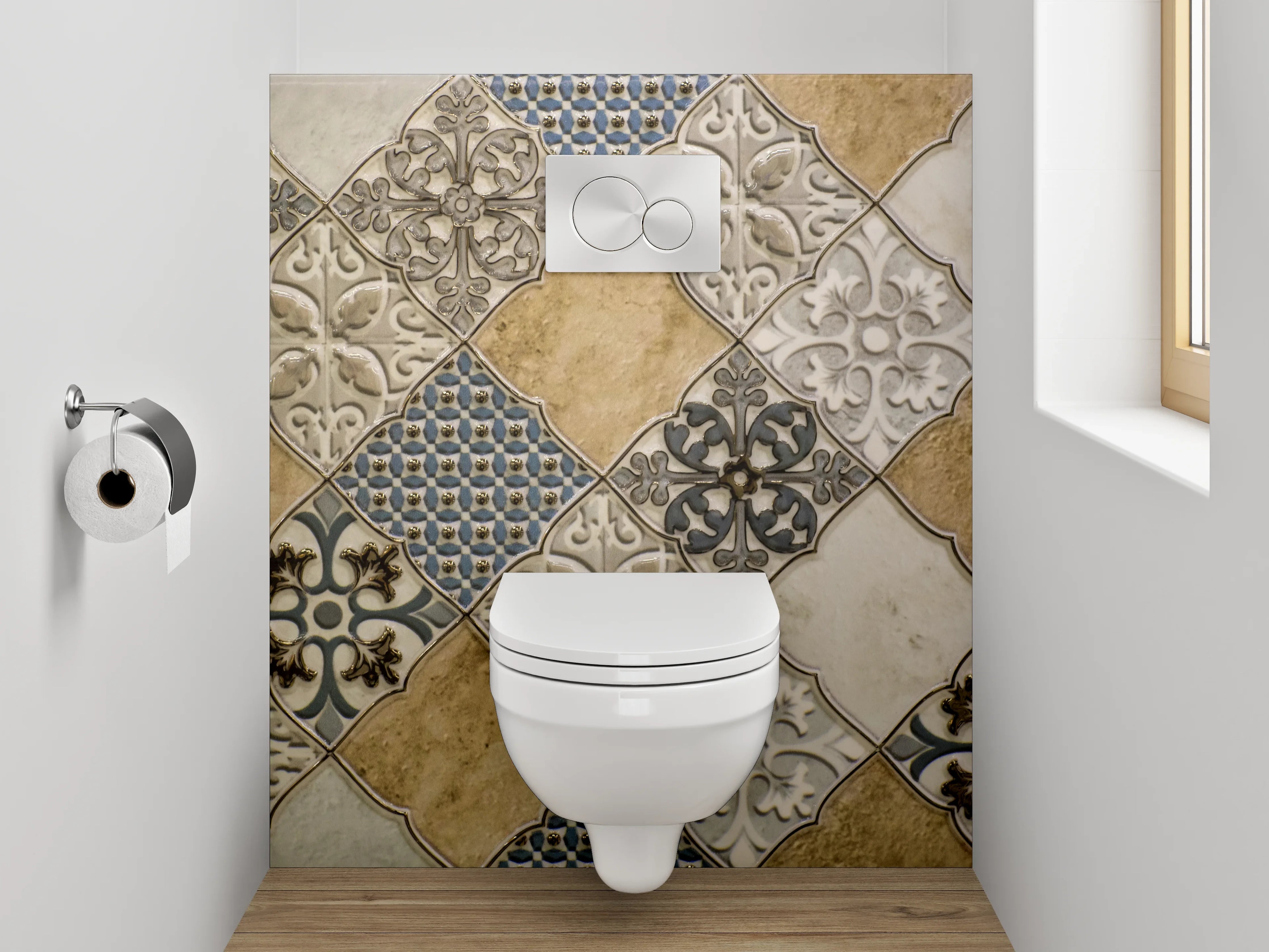 WC-Rückwand - Vintage Fliesenmuster Beige Blau Grau
