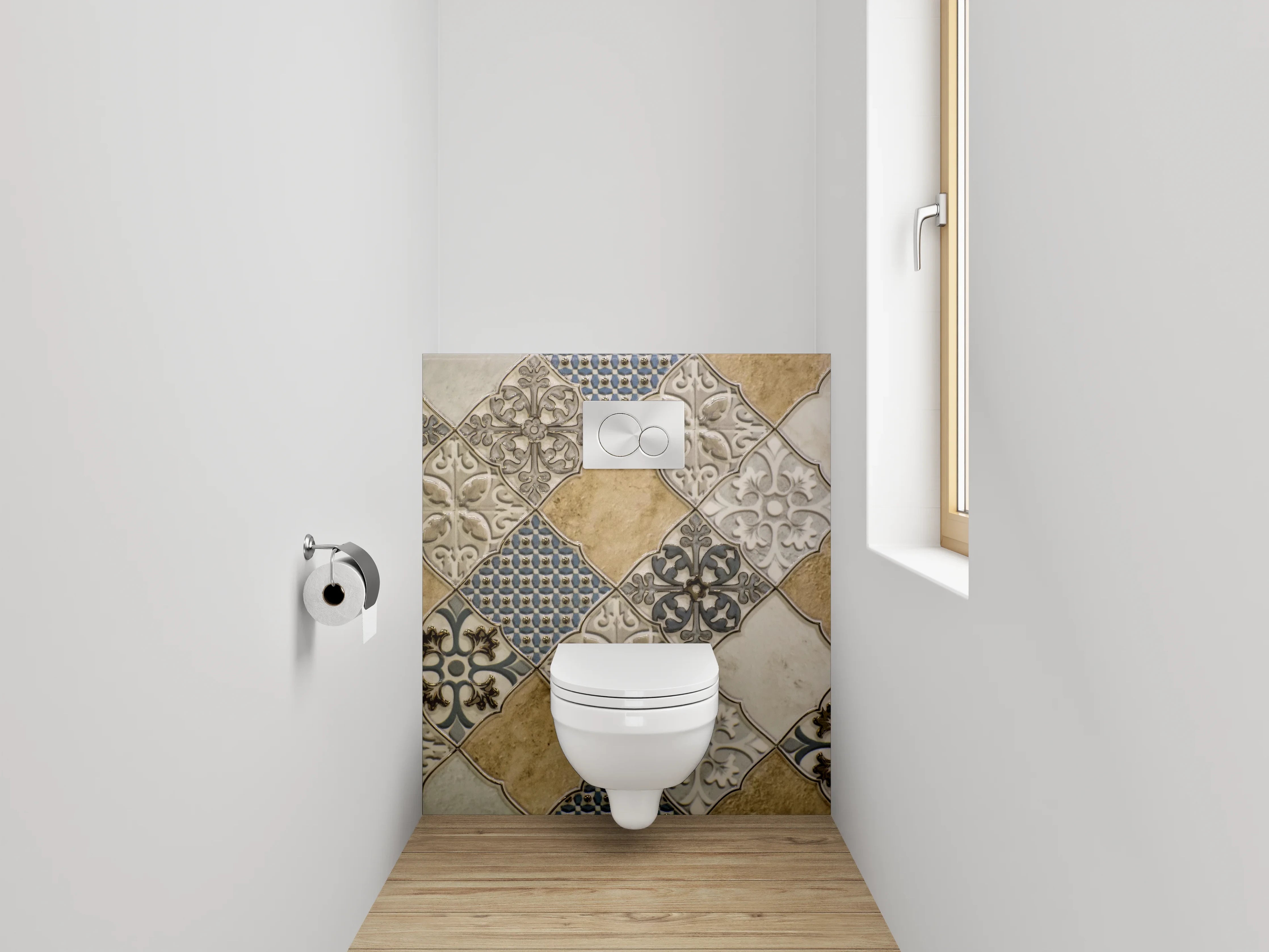 WC-Rückwand - Vintage Fliesenmuster Beige Blau Grau