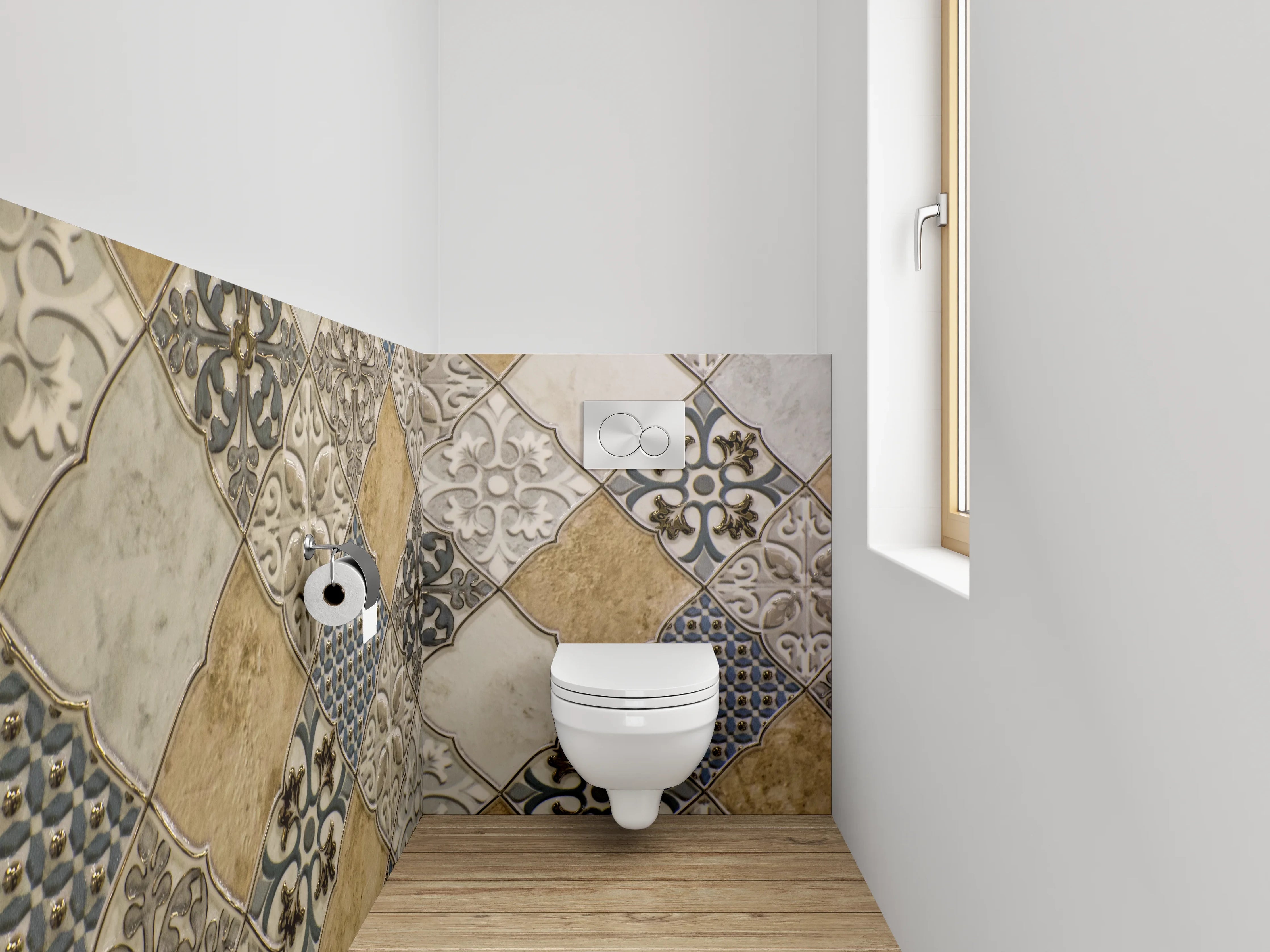 WC-Rückwand - Vintage Fliesenmuster Beige Blau Grau