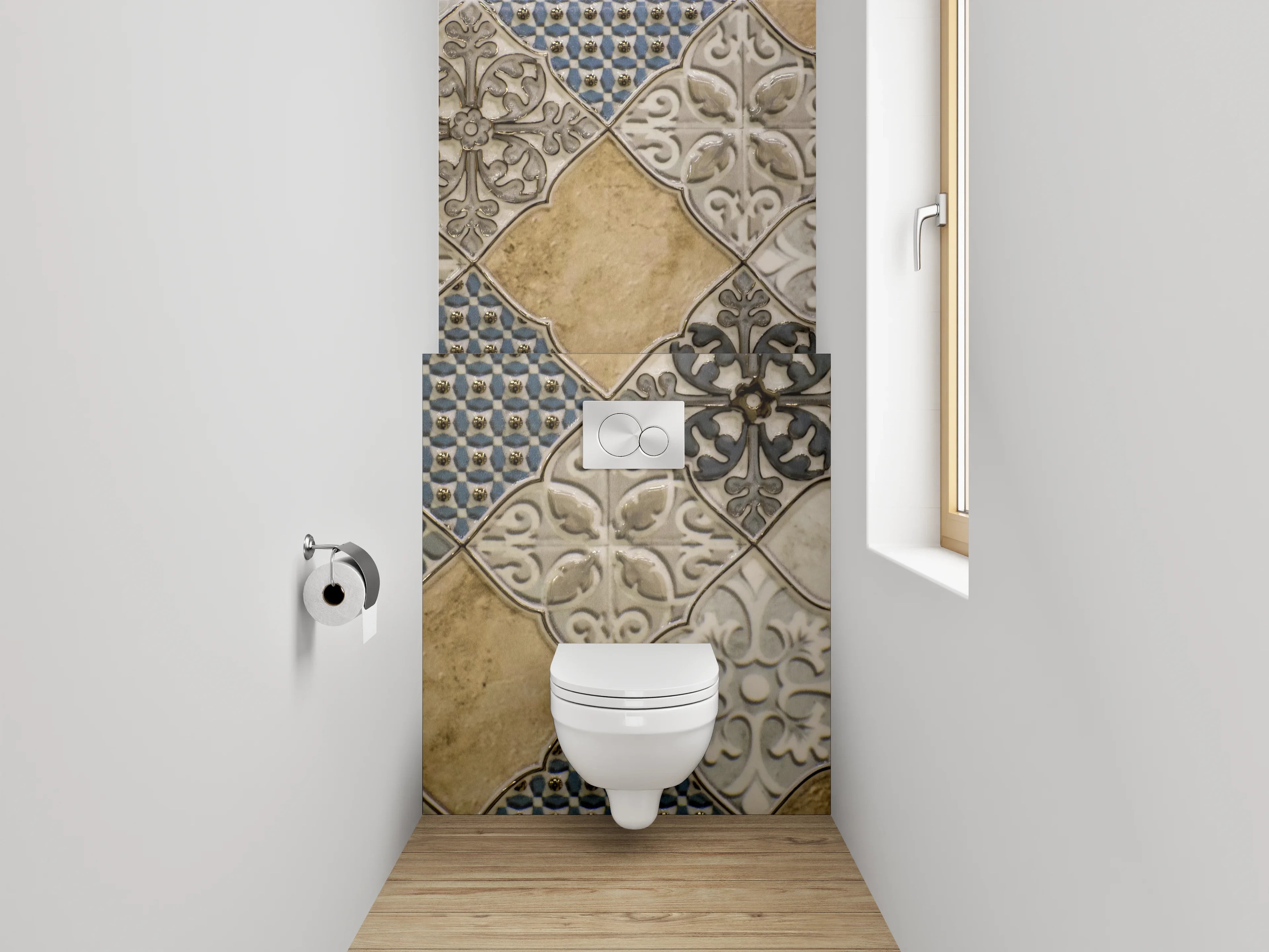 WC-Rückwand - Vintage Fliesenmuster Beige Blau Grau