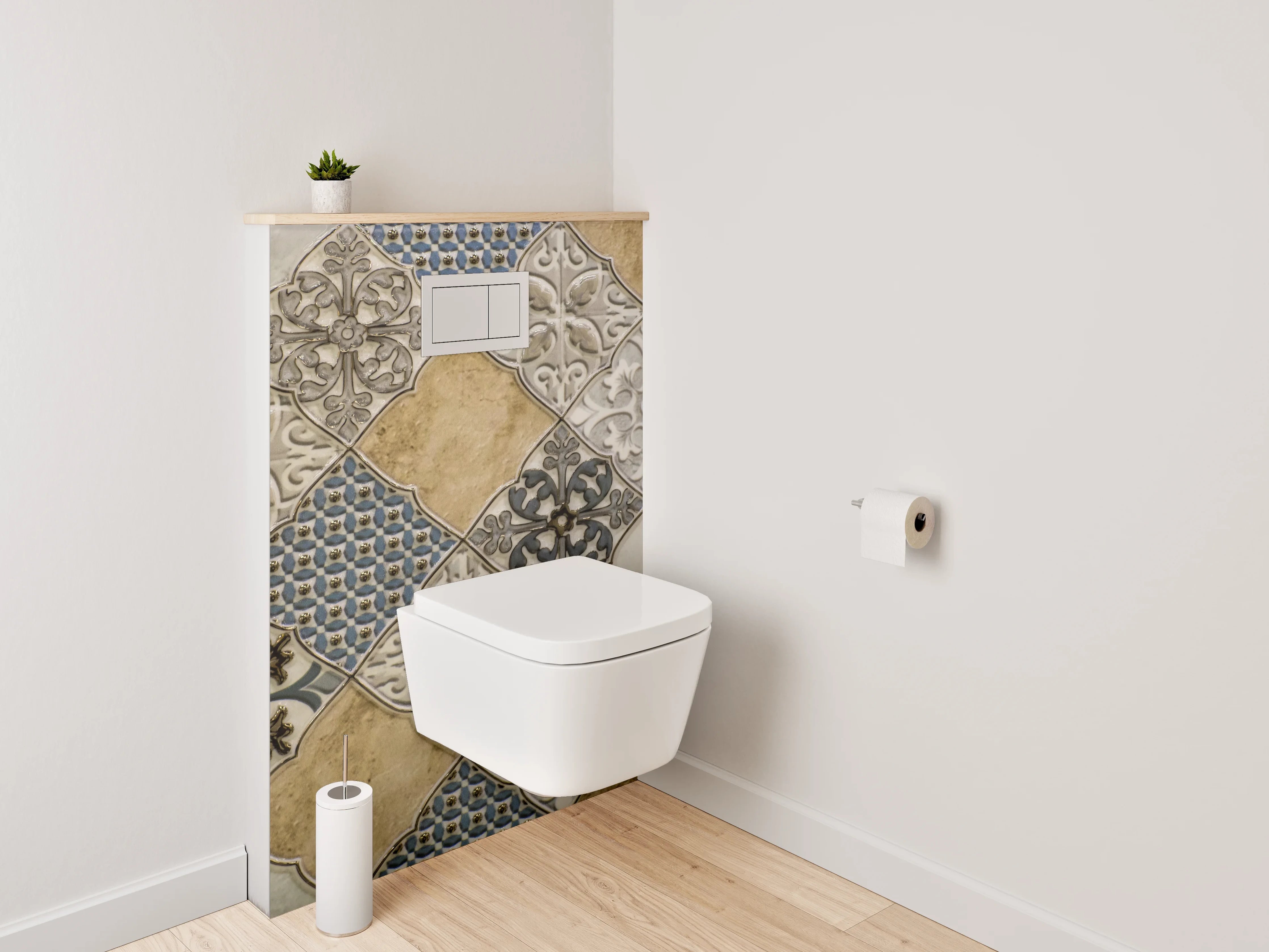 WC-Rückwand - Vintage Fliesenmuster Beige Blau Grau